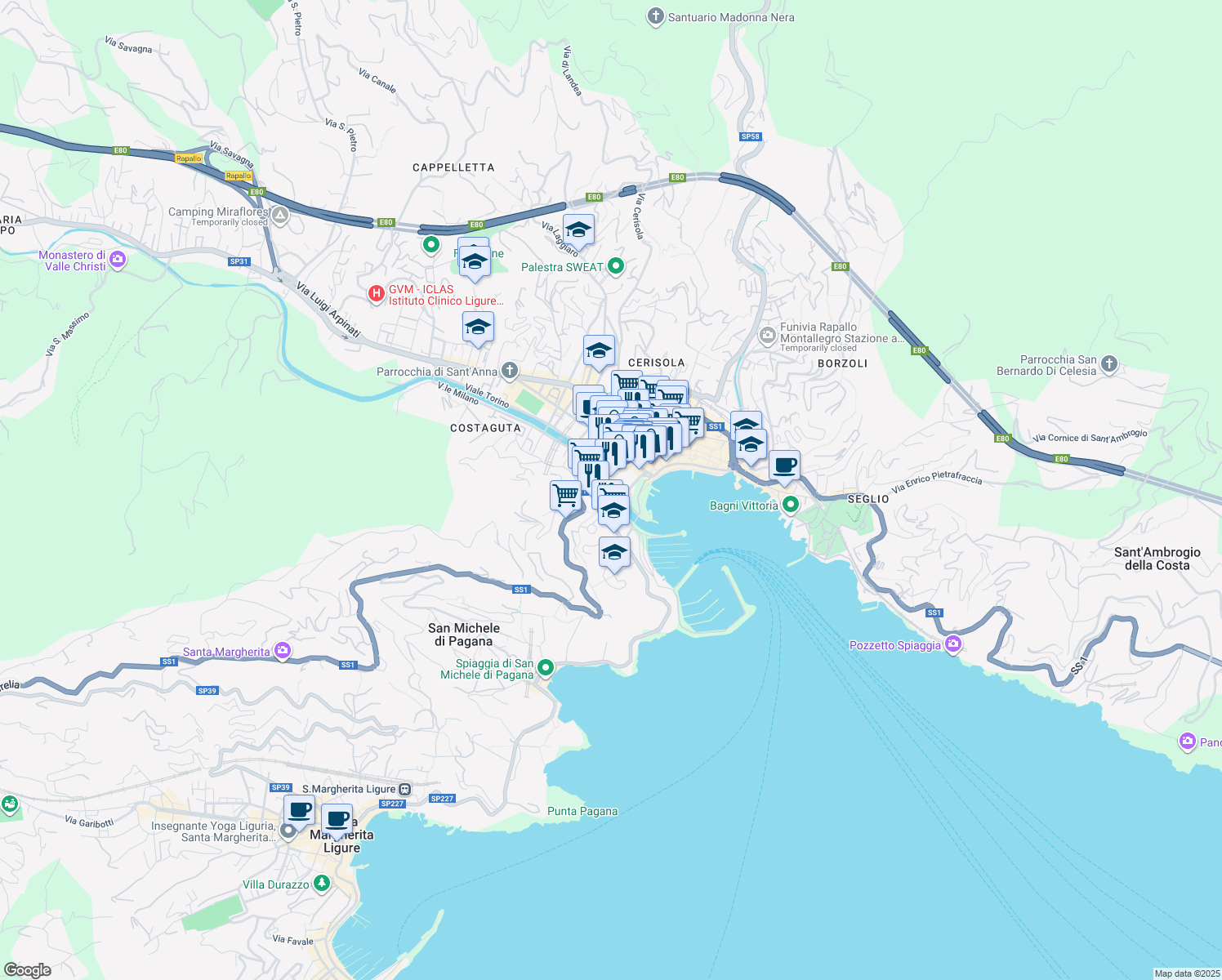 map of restaurants, bars, coffee shops, grocery stores, and more near 12 Via Armando Diaz in Rapallo