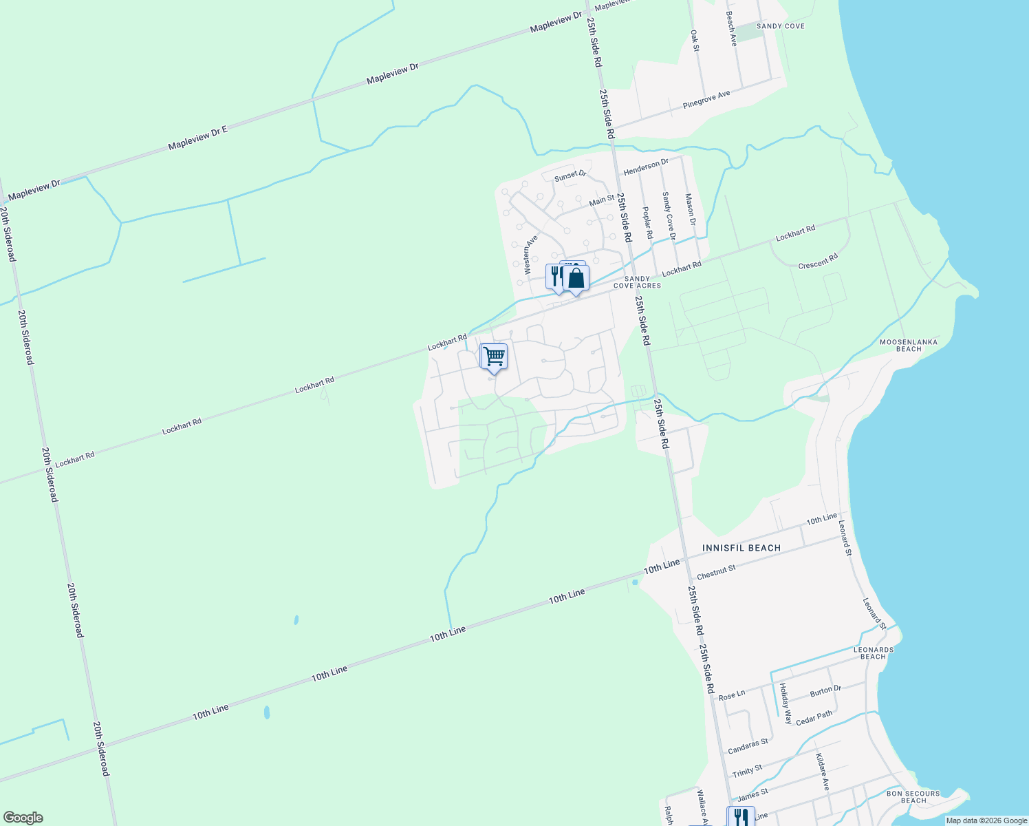 map of restaurants, bars, coffee shops, grocery stores, and more near 4 Weeping Willow Drive in Innisfil