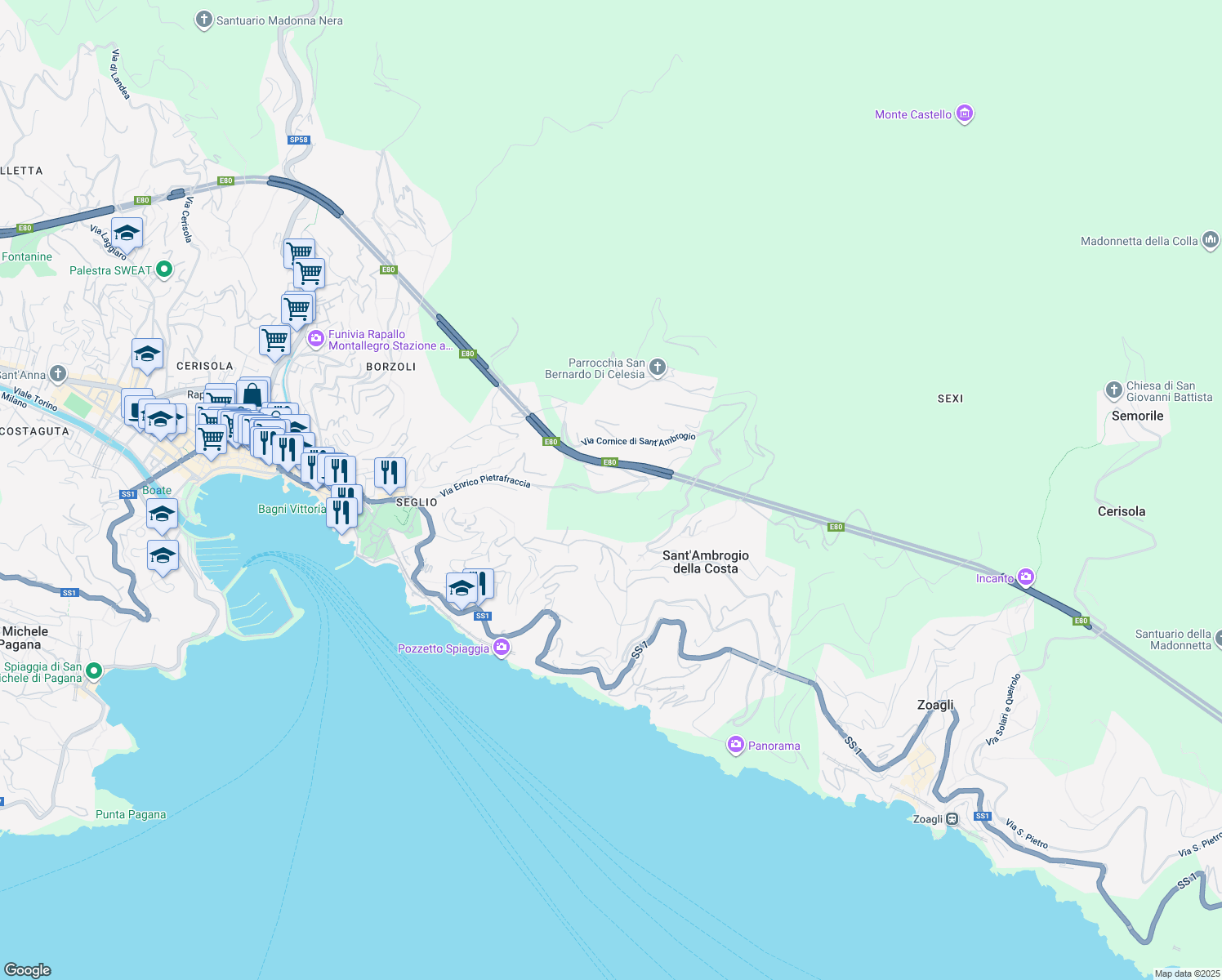 map of restaurants, bars, coffee shops, grocery stores, and more near 103 Via Cornice di Sant'Ambrogio in Zoagli