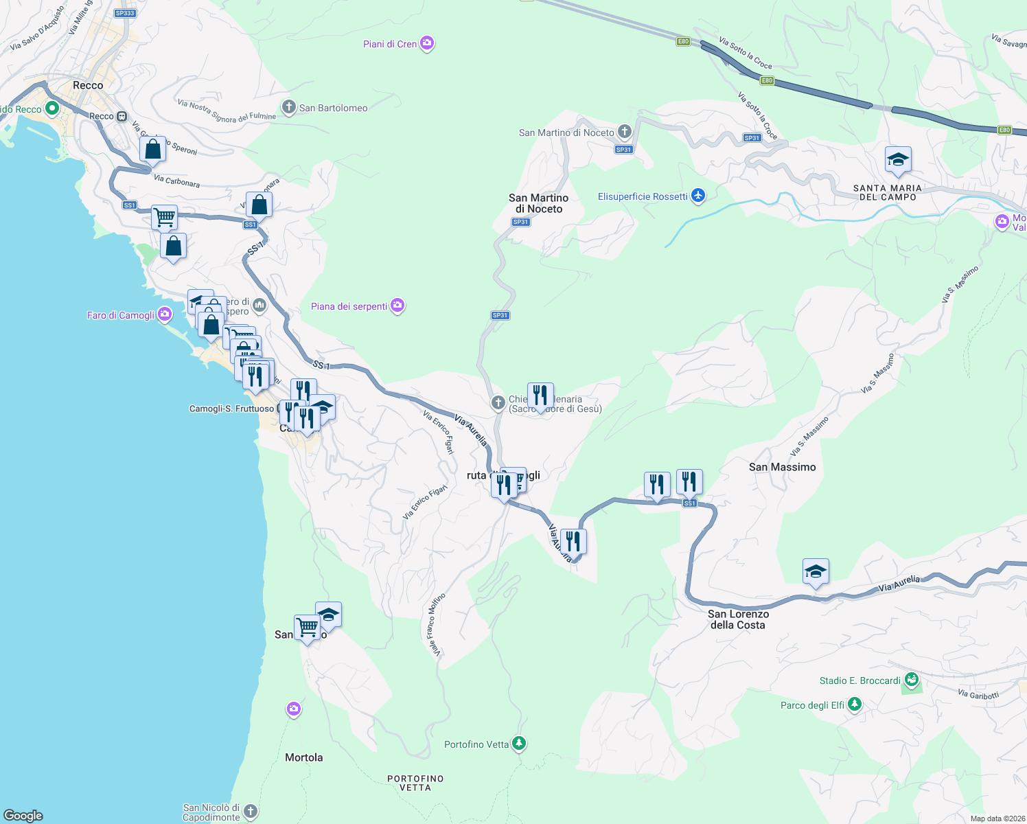 map of restaurants, bars, coffee shops, grocery stores, and more near 8 Via Chiesa Vecchia di Bana in Ruta