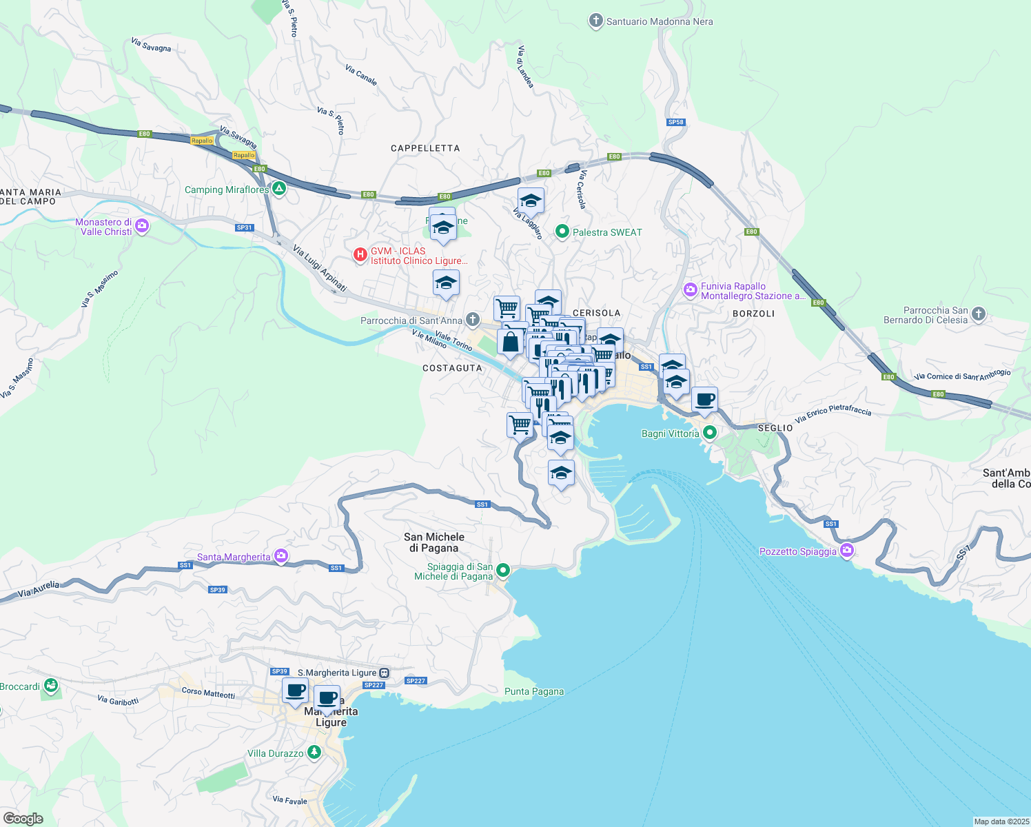 map of restaurants, bars, coffee shops, grocery stores, and more near 46 Via Costaguta Romana in Rapallo