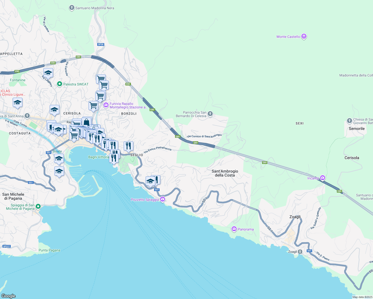 map of restaurants, bars, coffee shops, grocery stores, and more near 103 Via Cornice di Sant'Ambrogio in Zoagli