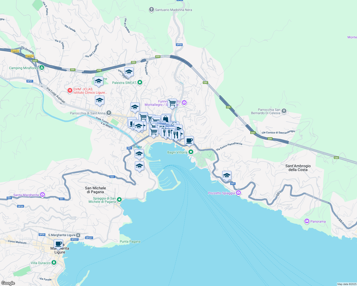 map of restaurants, bars, coffee shops, grocery stores, and more near 15 Via Montebello in Rapallo