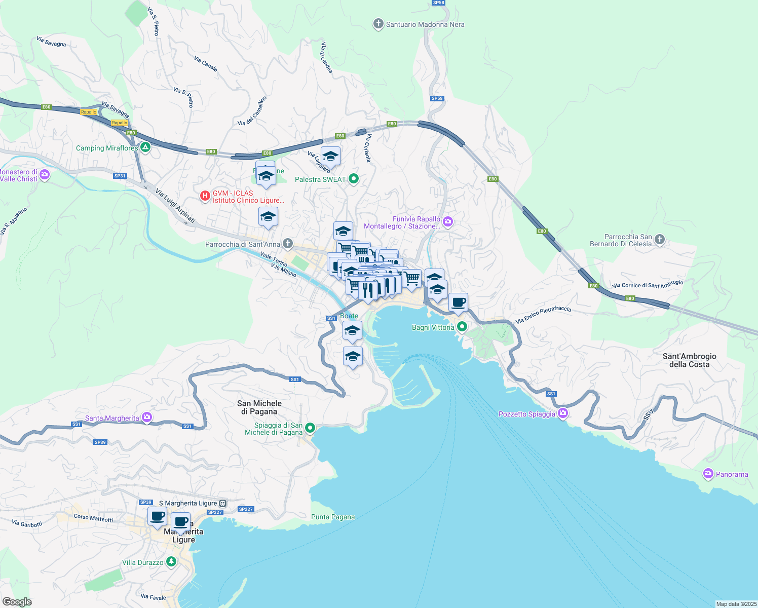 map of restaurants, bars, coffee shops, grocery stores, and more near 20 Passo Tigullio in Rapallo