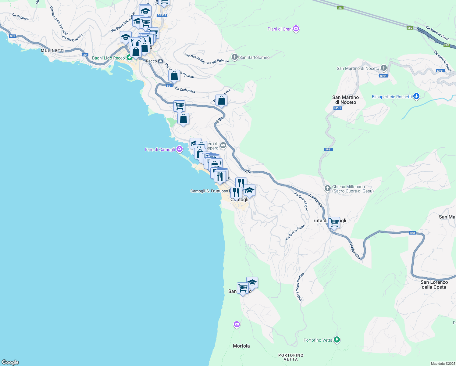 map of restaurants, bars, coffee shops, grocery stores, and more near 36 Via Bettolo in Camogli