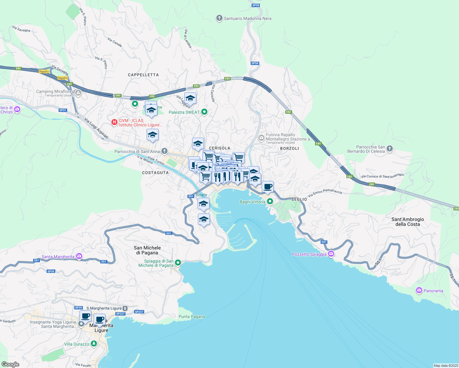 map of restaurants, bars, coffee shops, grocery stores, and more near 24 Via Marsala in Rapallo