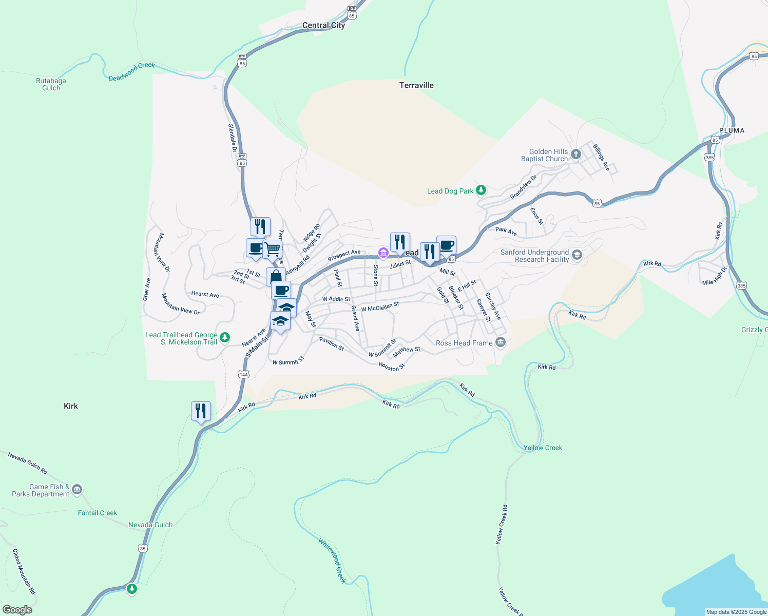 map of restaurants, bars, coffee shops, grocery stores, and more near 334 W McClellan St in Lead