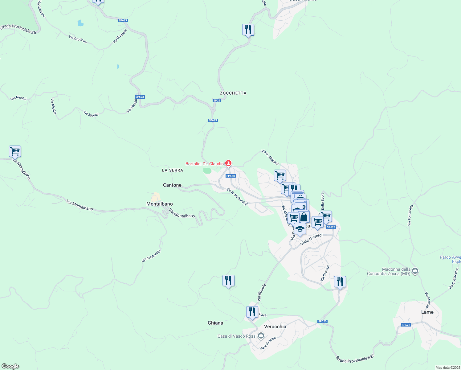 map of restaurants, bars, coffee shops, grocery stores, and more near 249 Via Montalbano in Zocca
