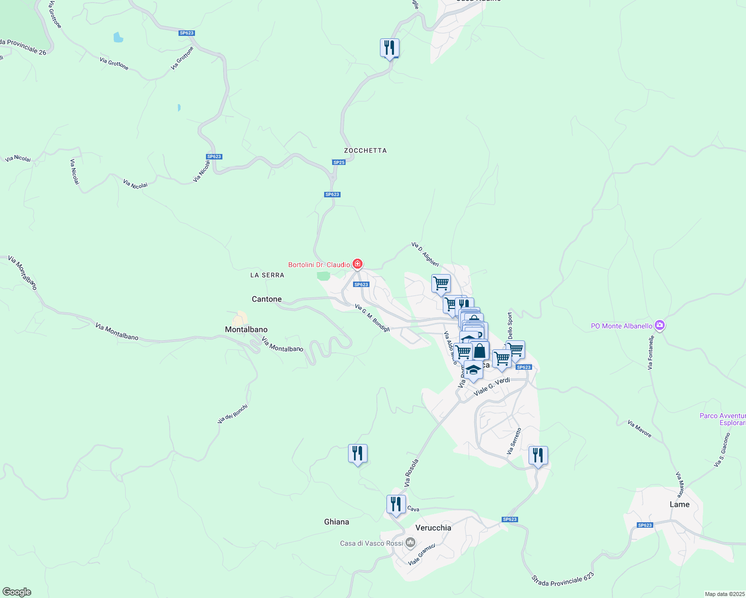 map of restaurants, bars, coffee shops, grocery stores, and more near 66 Via Verde Valle in Zocca