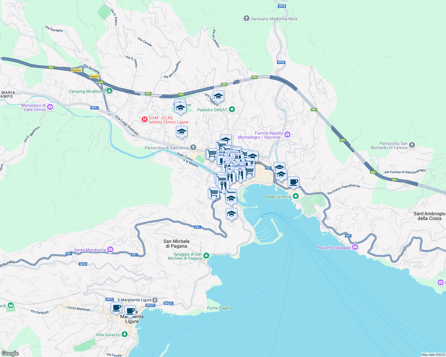 map of restaurants, bars, coffee shops, grocery stores, and more near 6 Via Rosselli Carlo e Nello in Rapallo