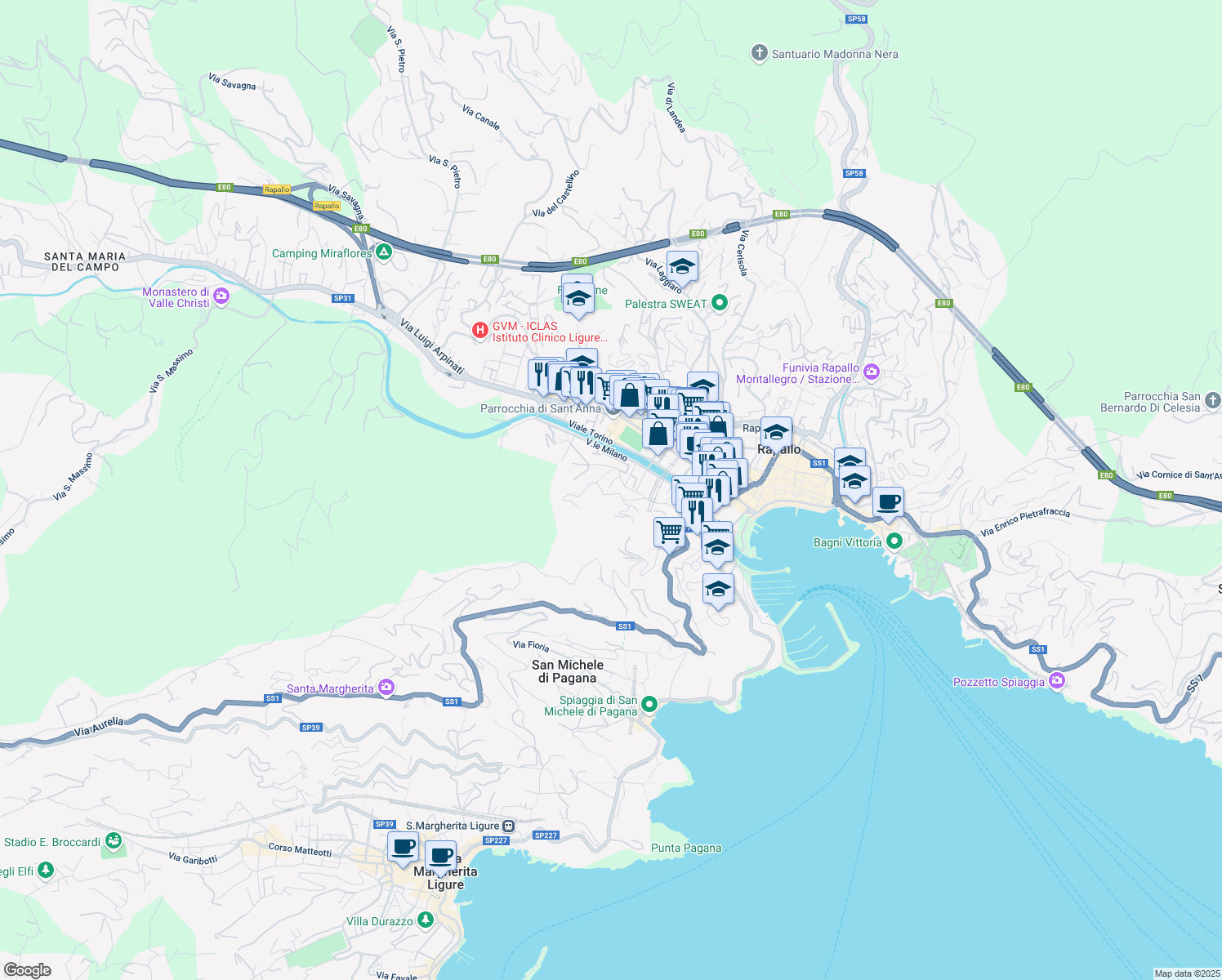 map of restaurants, bars, coffee shops, grocery stores, and more near 5 Via Priv. Caravelle in Rapallo