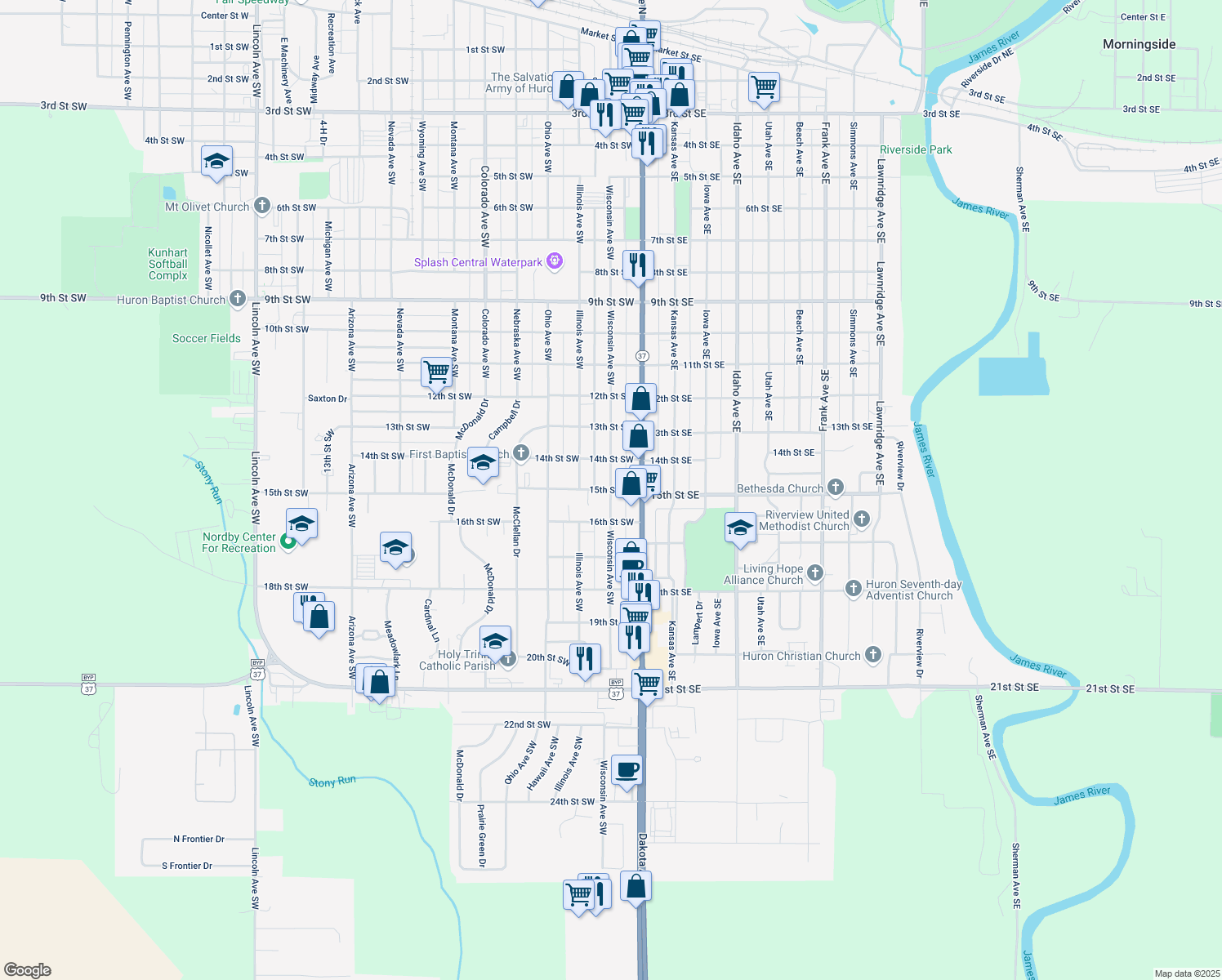 map of restaurants, bars, coffee shops, grocery stores, and more near 98 15th St SW in Huron