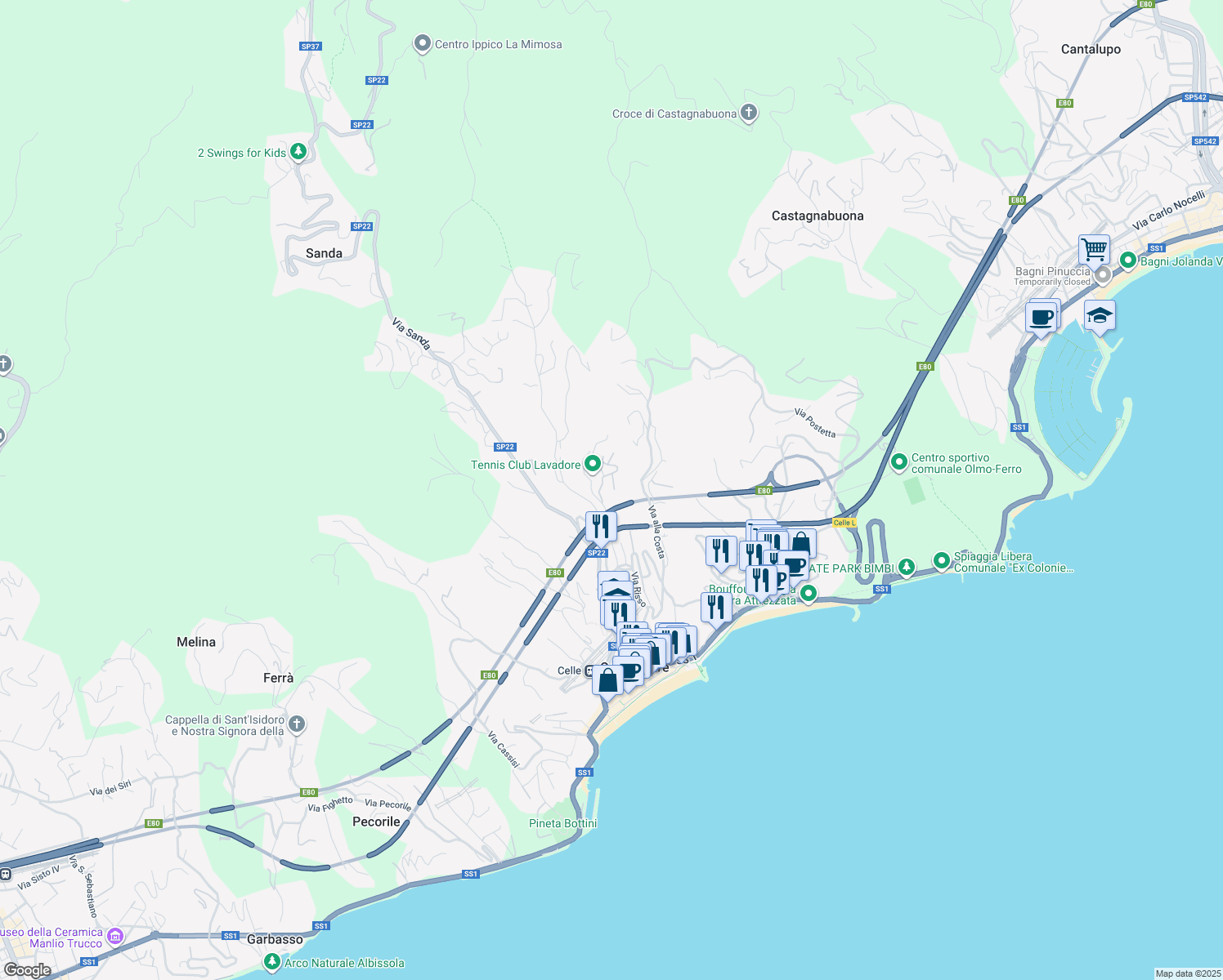 map of restaurants, bars, coffee shops, grocery stores, and more near 22 Via Lavadore in Celle Ligure
