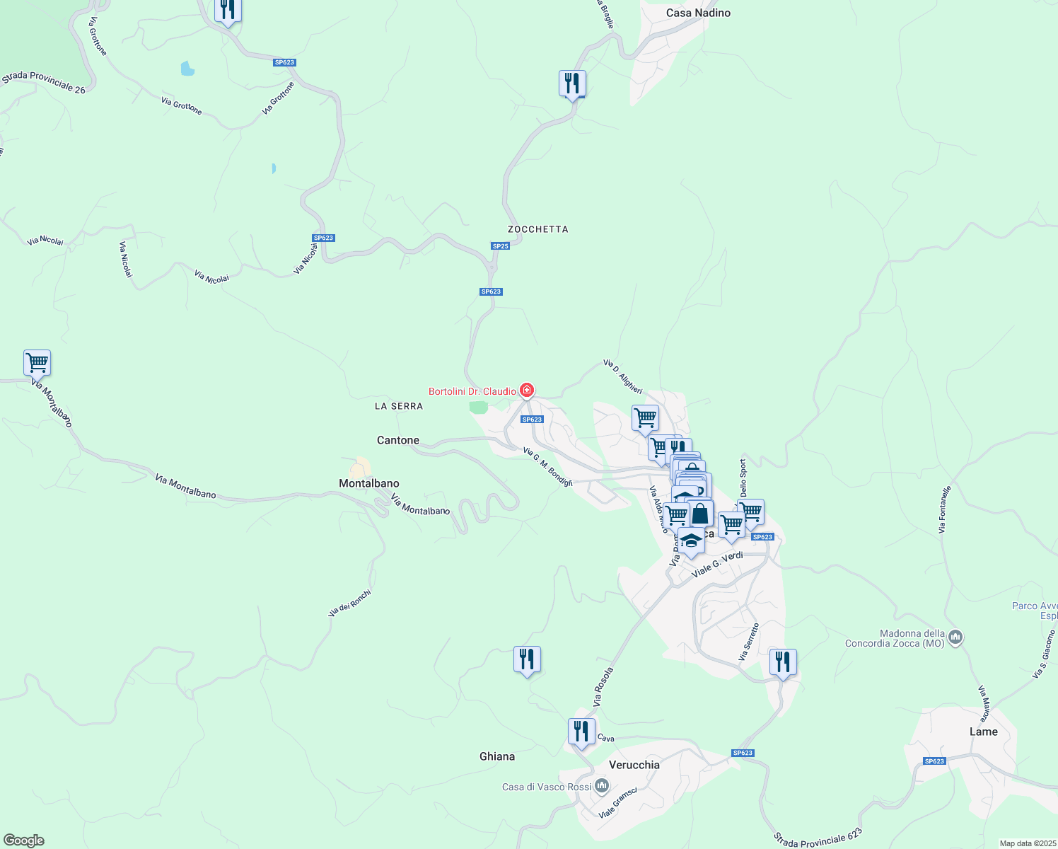 map of restaurants, bars, coffee shops, grocery stores, and more near 249 Via Montalbano in Zocca