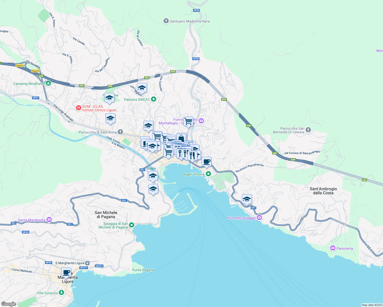 map of restaurants, bars, coffee shops, grocery stores, and more near 15 Via Montebello in Rapallo