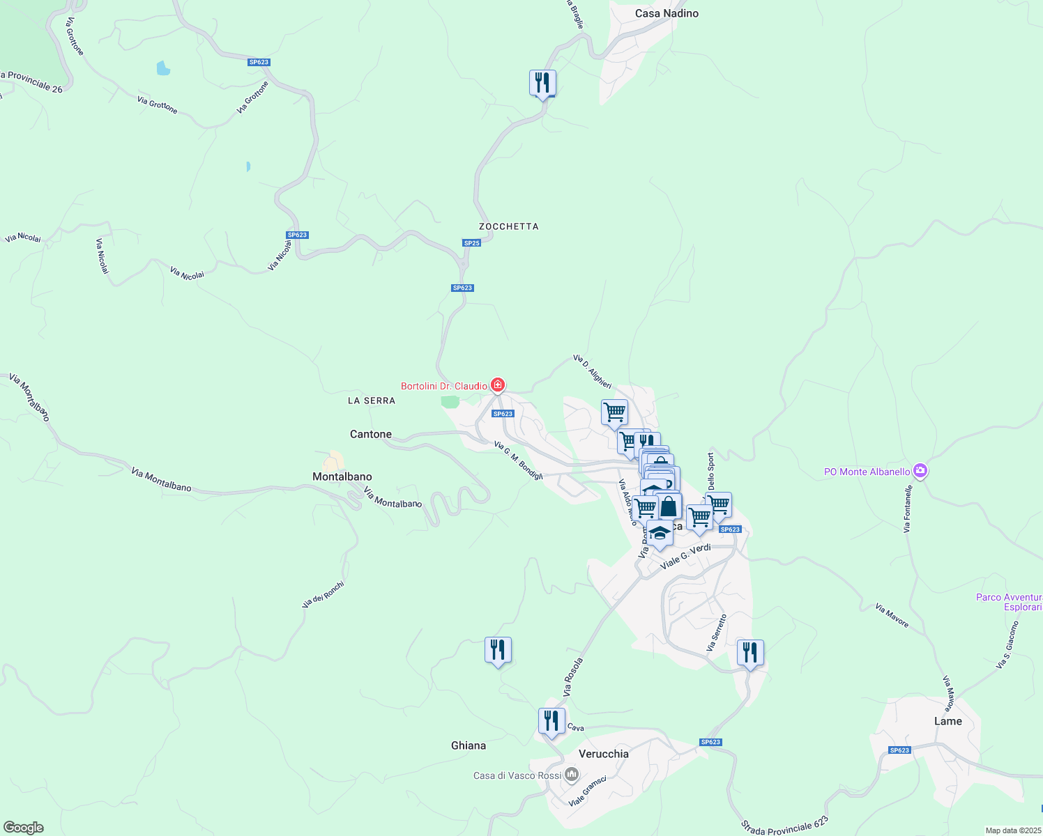 map of restaurants, bars, coffee shops, grocery stores, and more near 66 Via Verde Valle in Zocca