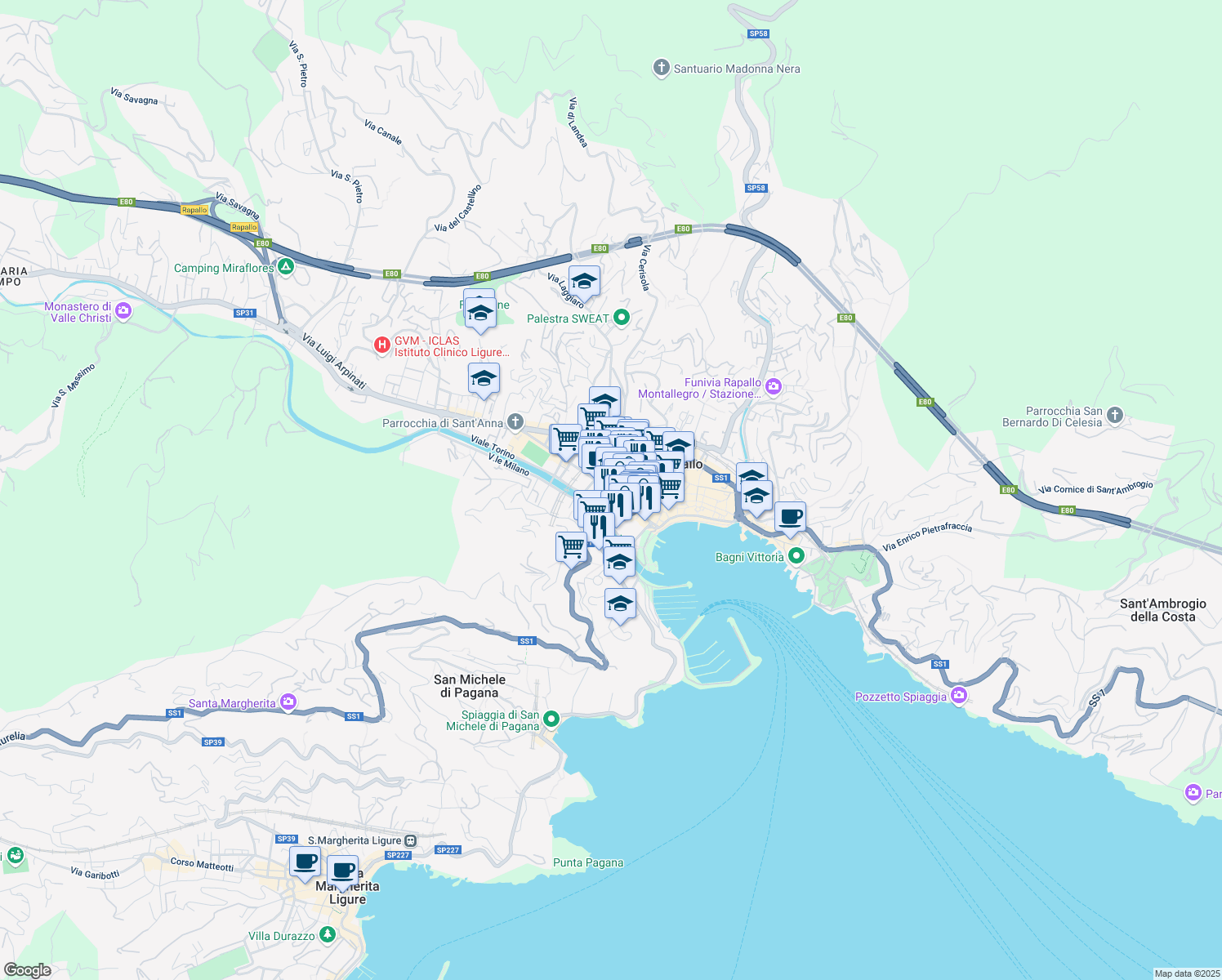 map of restaurants, bars, coffee shops, grocery stores, and more near 6 Via Rosselli Carlo e Nello in Rapallo