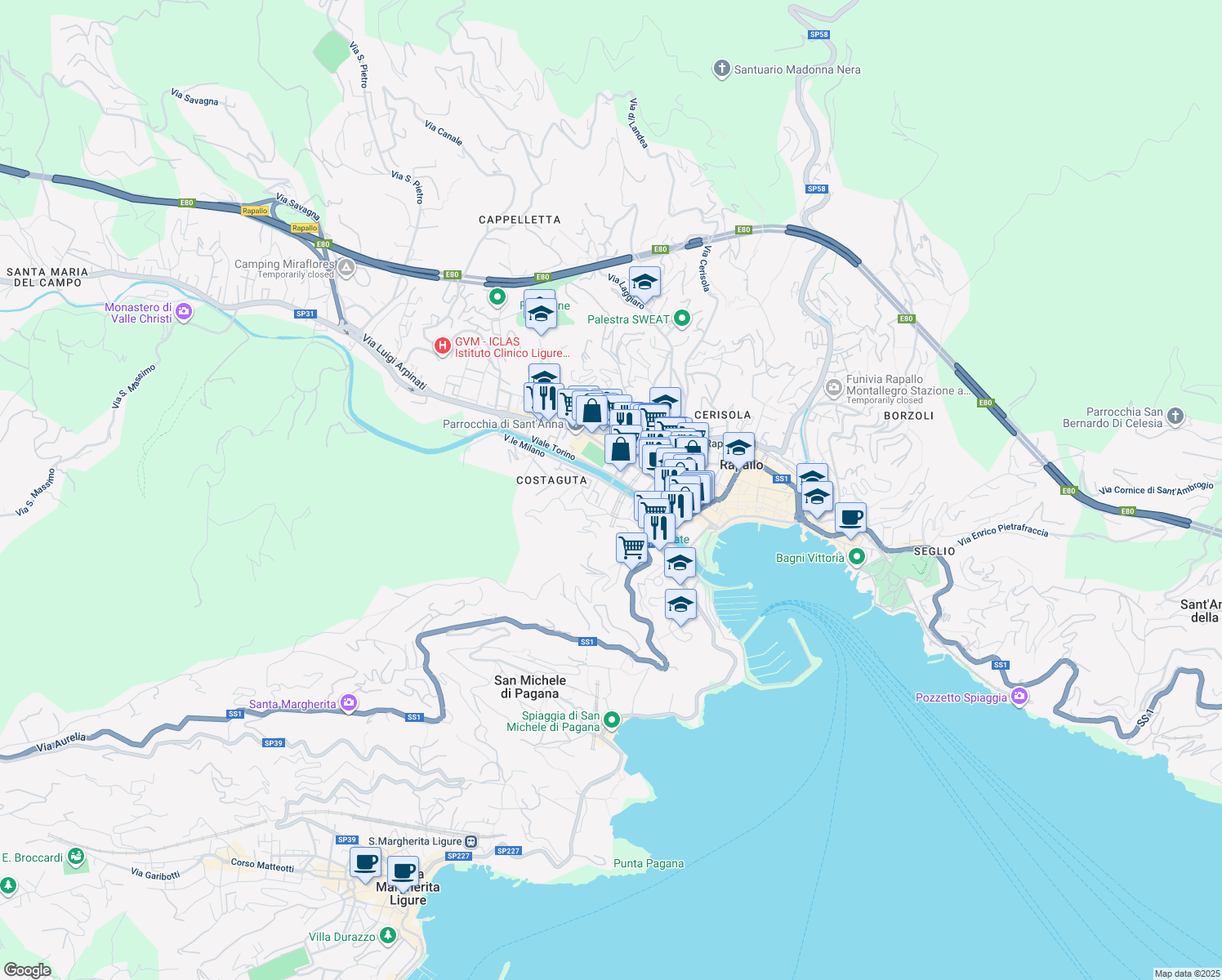 map of restaurants, bars, coffee shops, grocery stores, and more near 50 Via Costaguta in Rapallo