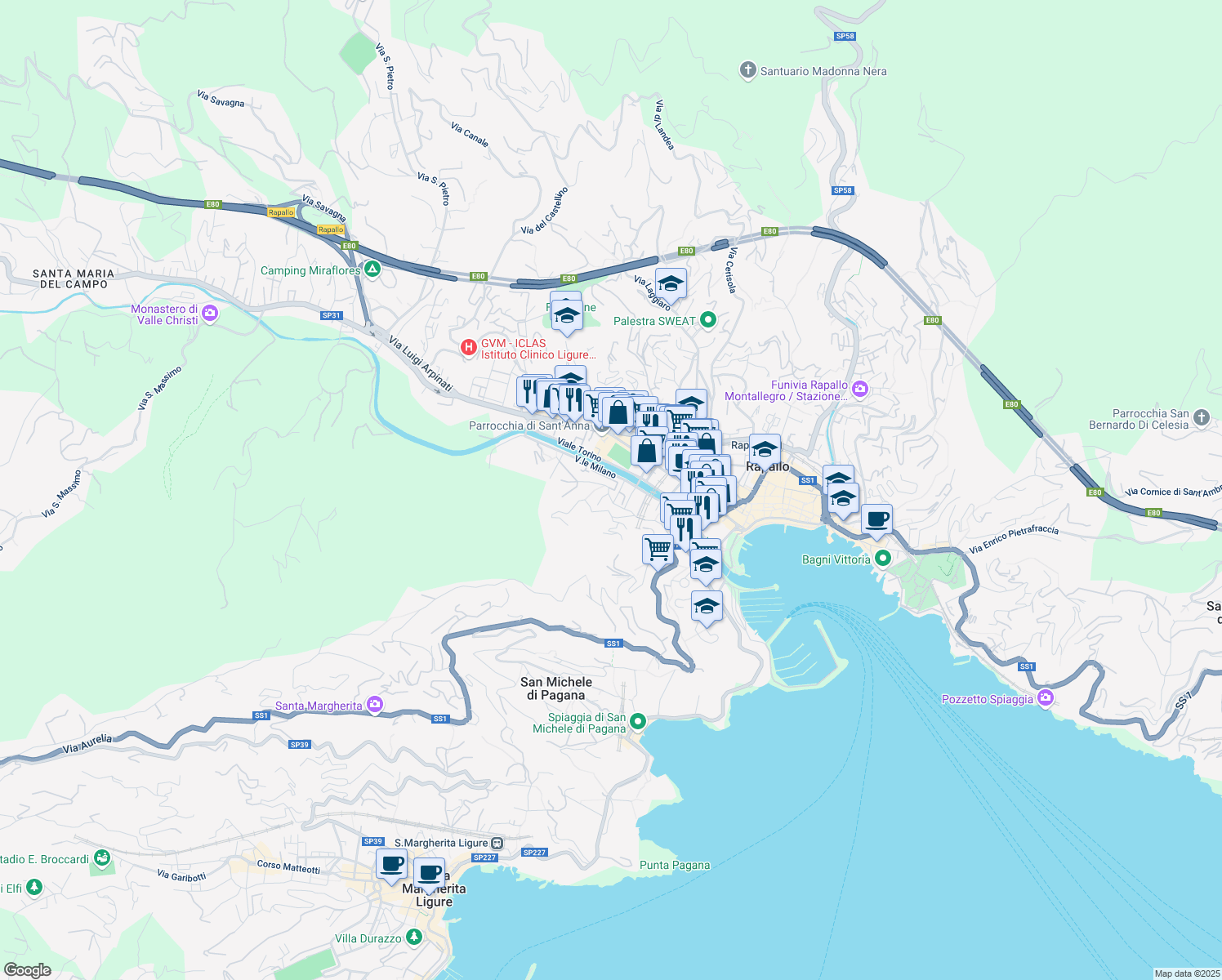 map of restaurants, bars, coffee shops, grocery stores, and more near 5 Via Priv. Caravelle in Rapallo