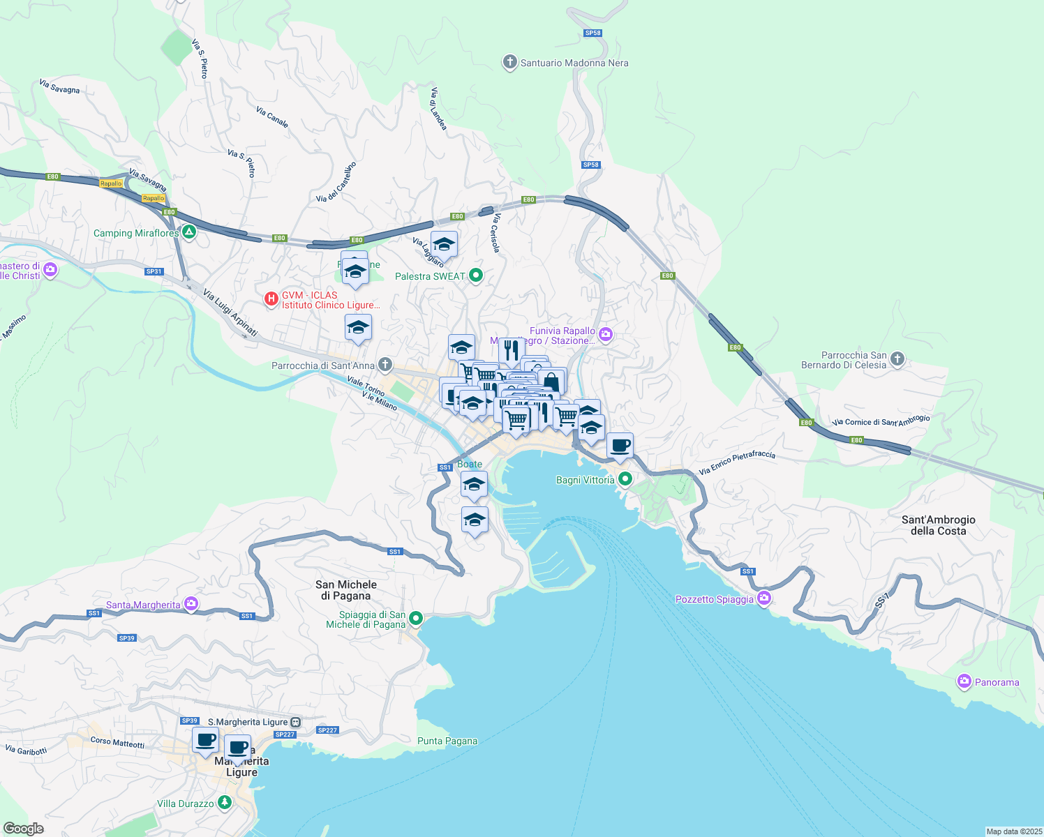 map of restaurants, bars, coffee shops, grocery stores, and more near 5 Piazza Molfino in Rapallo