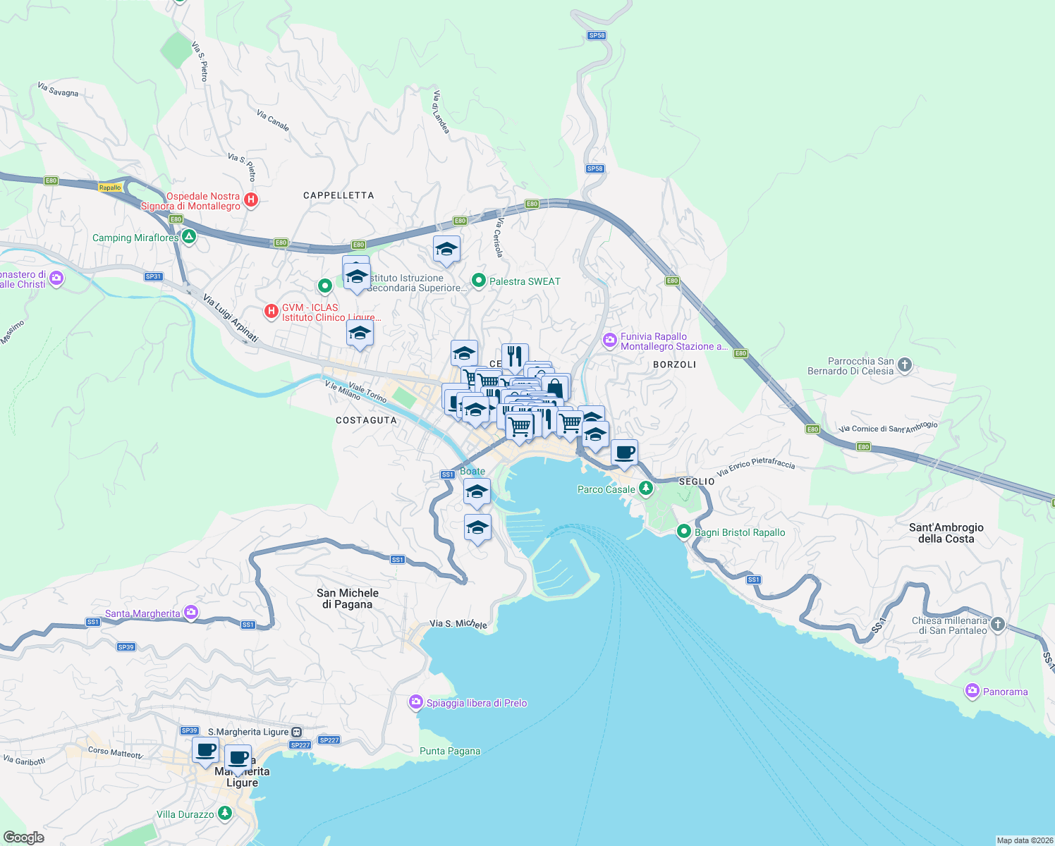 map of restaurants, bars, coffee shops, grocery stores, and more near in Rapallo