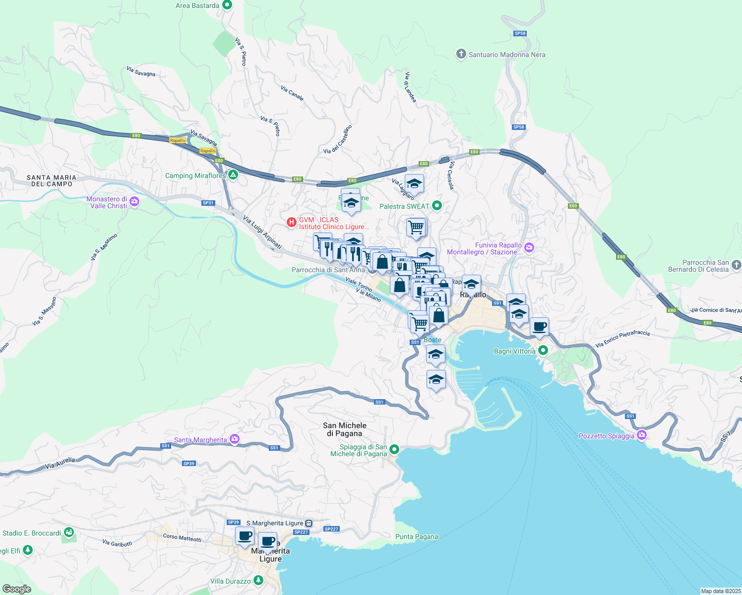 map of restaurants, bars, coffee shops, grocery stores, and more near 19 Viale Milano in Rapallo