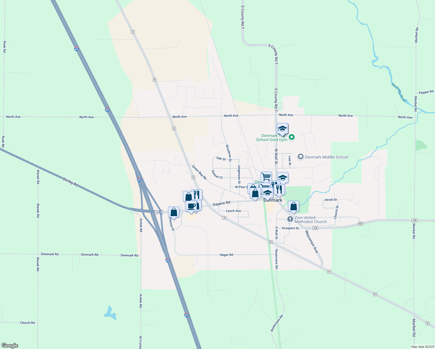 map of restaurants, bars, coffee shops, grocery stores, and more near 446 Sunset Ct in Denmark