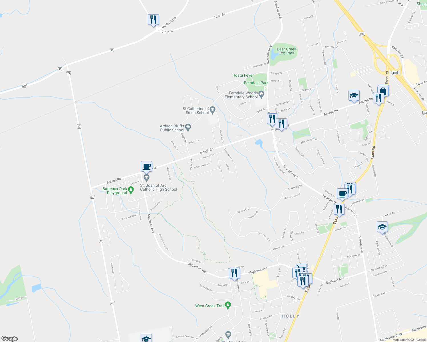 map of restaurants, bars, coffee shops, grocery stores, and more near 11 Grants Way in Barrie