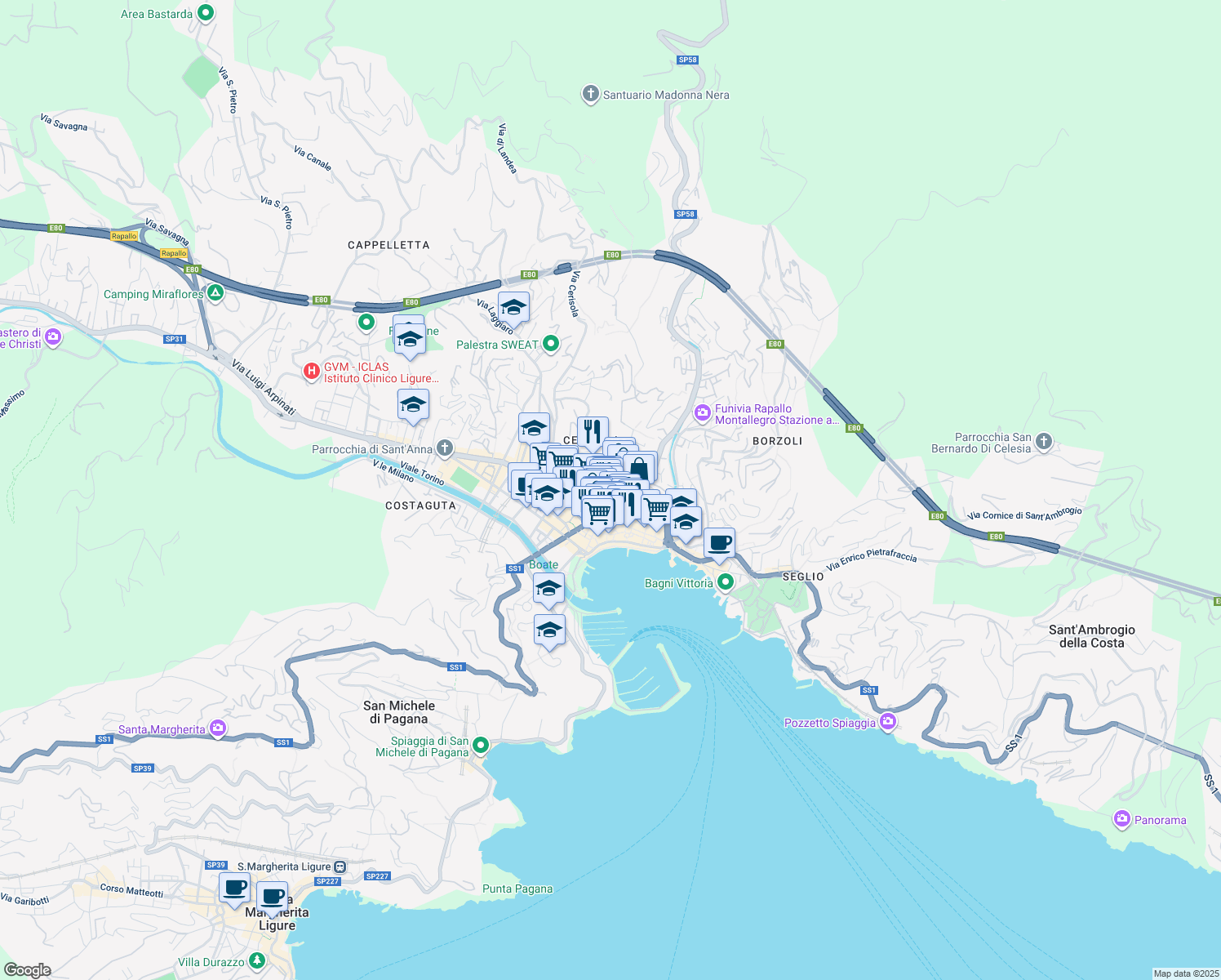 map of restaurants, bars, coffee shops, grocery stores, and more near in Rapallo