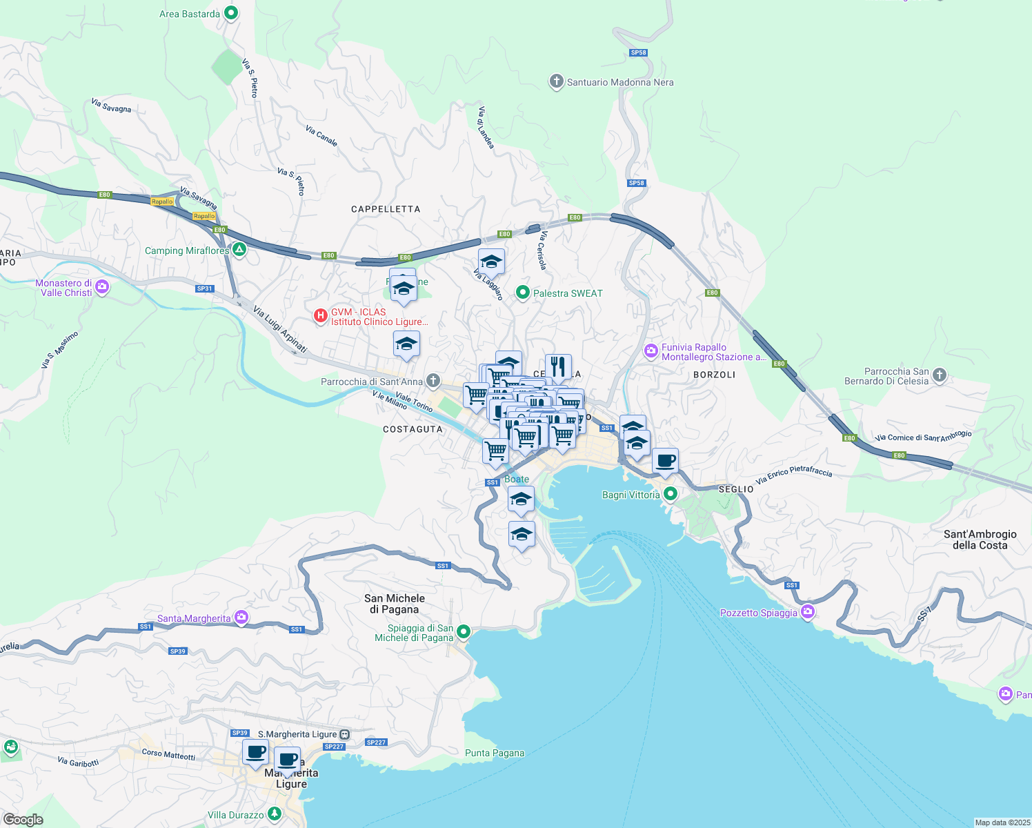 map of restaurants, bars, coffee shops, grocery stores, and more near 90 Via Goffredo Mameli in Rapallo