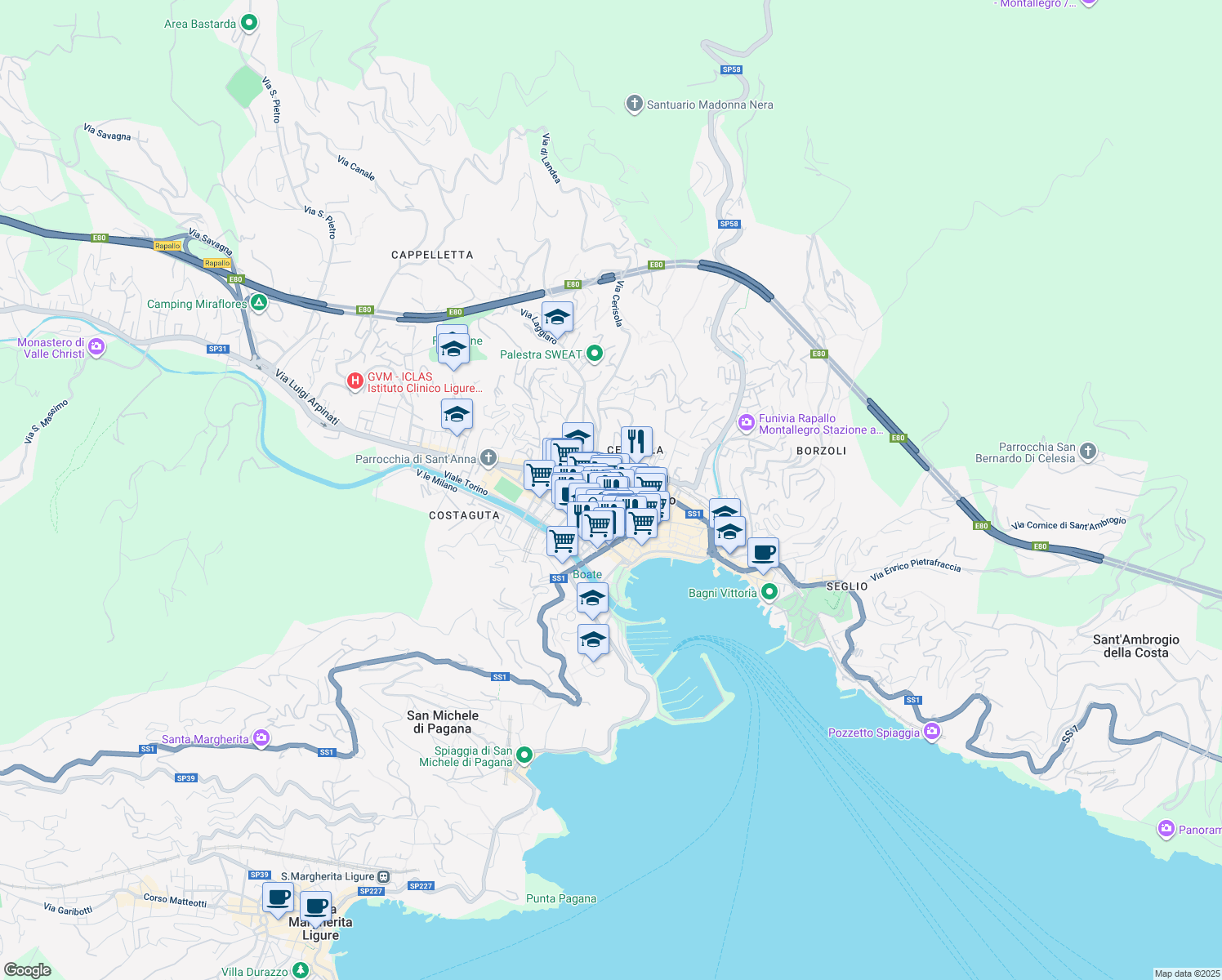 map of restaurants, bars, coffee shops, grocery stores, and more near 90 Via Goffredo Mameli in Rapallo