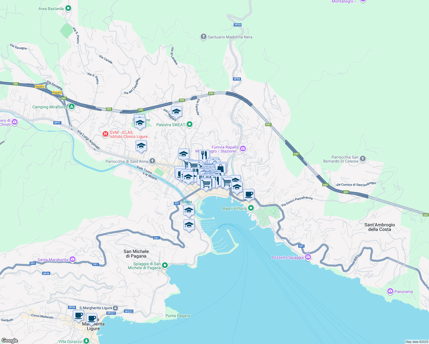 map of restaurants, bars, coffee shops, grocery stores, and more near 5 Piazza Molfino in Rapallo