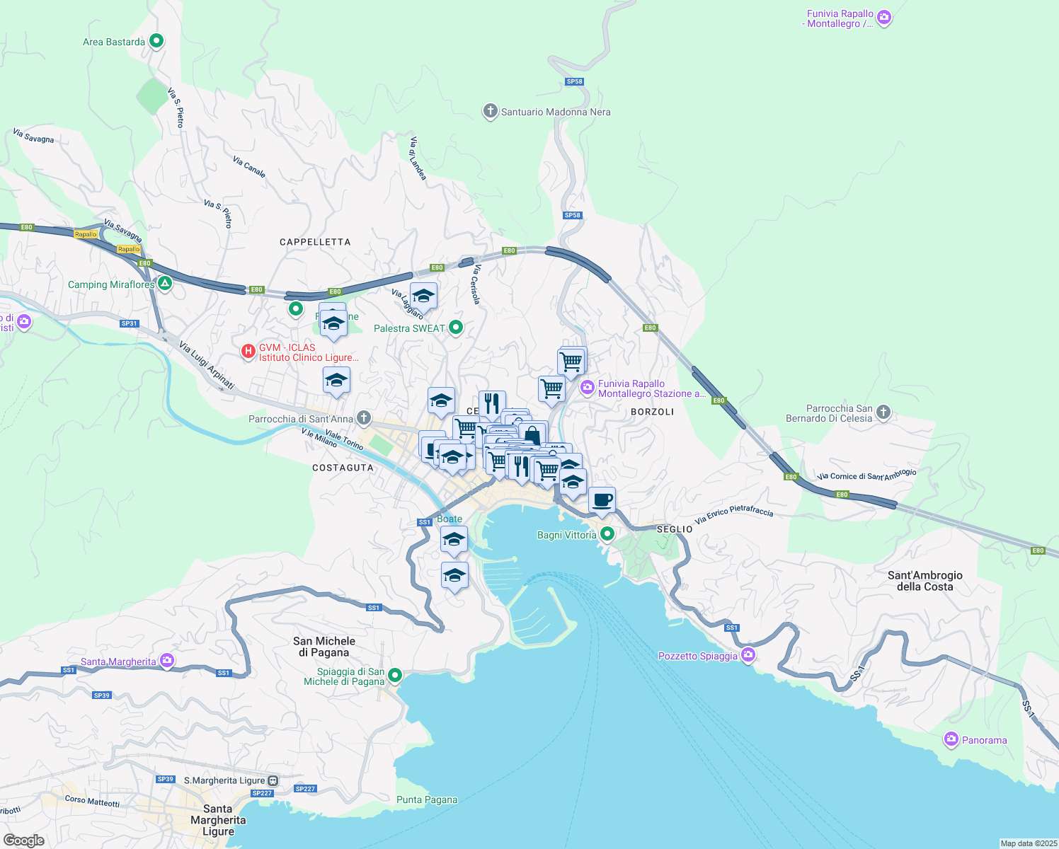 map of restaurants, bars, coffee shops, grocery stores, and more near 2B Via Sant'Antonio Gianelli in Rapallo