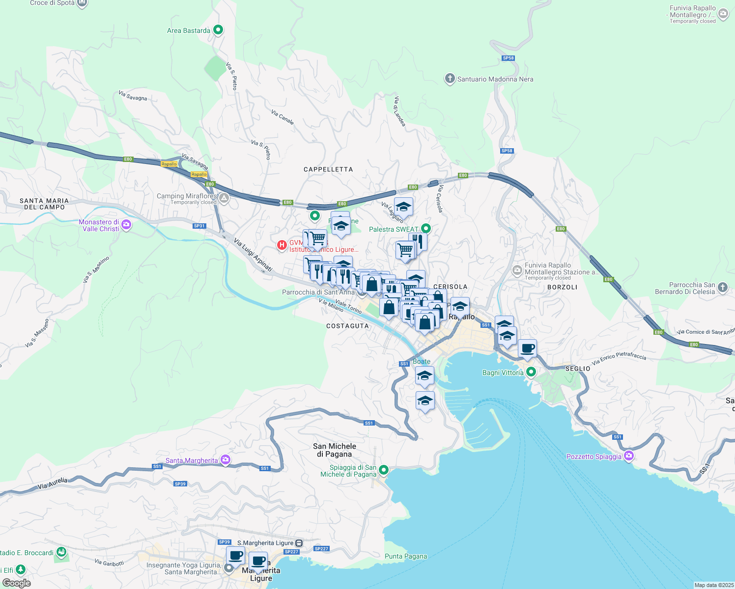 map of restaurants, bars, coffee shops, grocery stores, and more near 256 Corso Goffredo Mameli in Rapallo