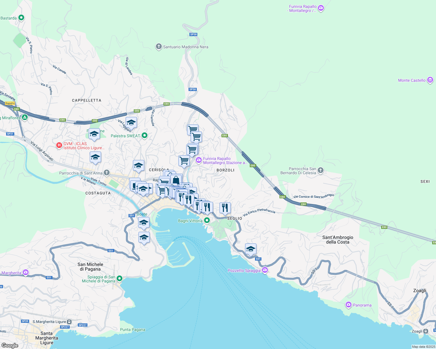 map of restaurants, bars, coffee shops, grocery stores, and more near 39 Via Don Giovanni Minzoni in Rapallo