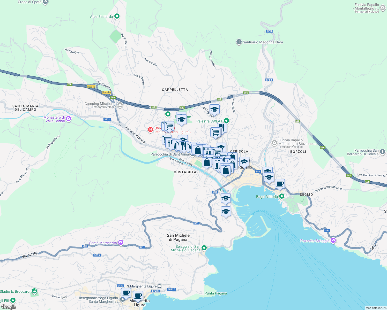 map of restaurants, bars, coffee shops, grocery stores, and more near 256 Via Goffredo Mameli in Rapallo