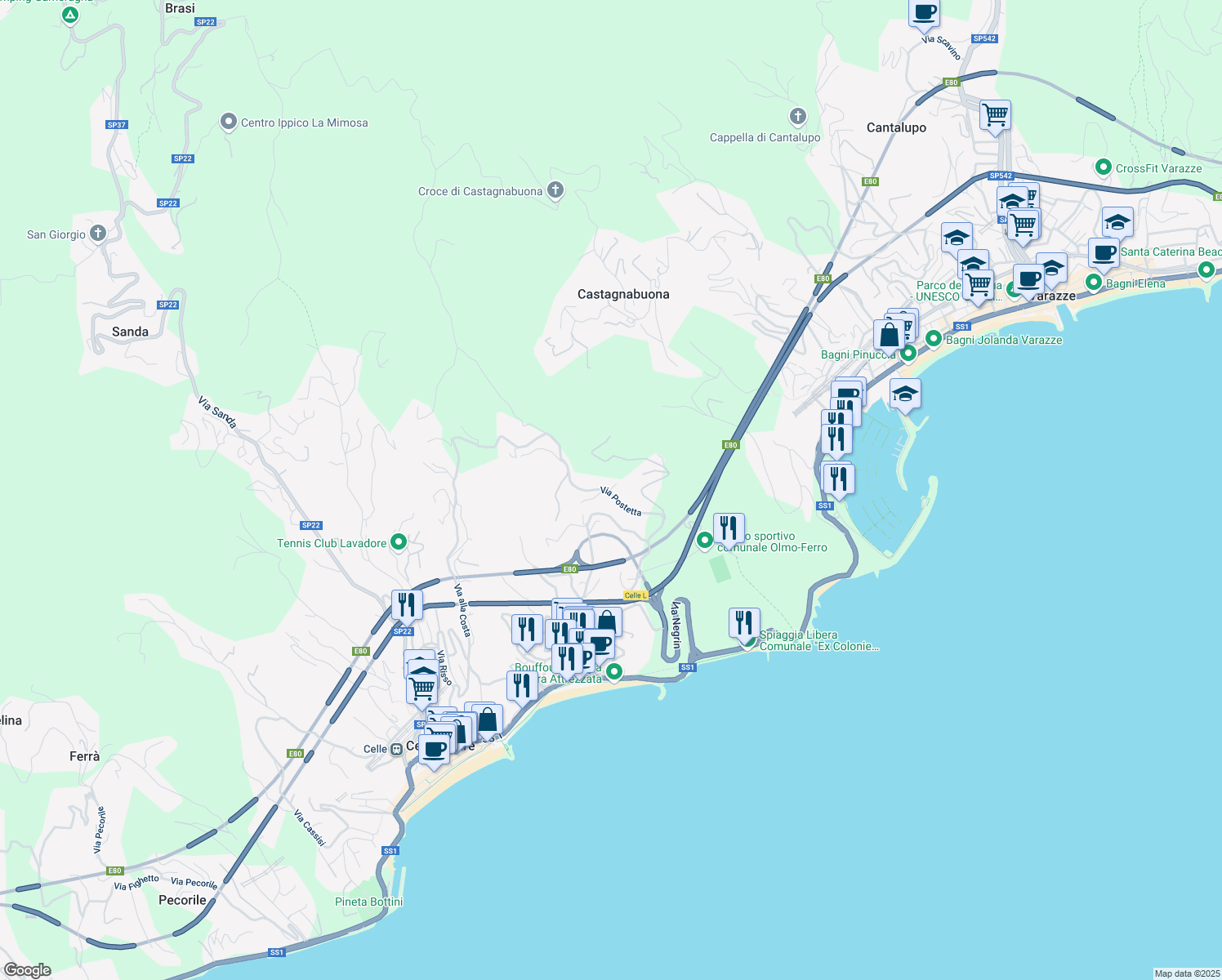 map of restaurants, bars, coffee shops, grocery stores, and more near 24 Via Postetta in Celle Ligure