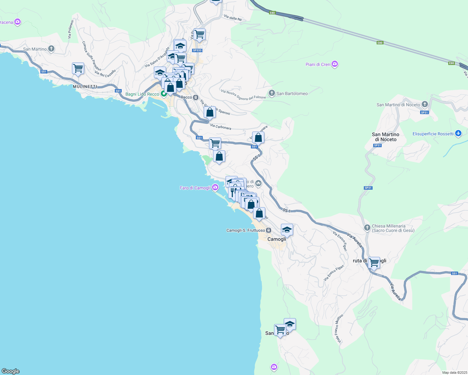 map of restaurants, bars, coffee shops, grocery stores, and more near 43 Via Piero Schiaffino in Camogli