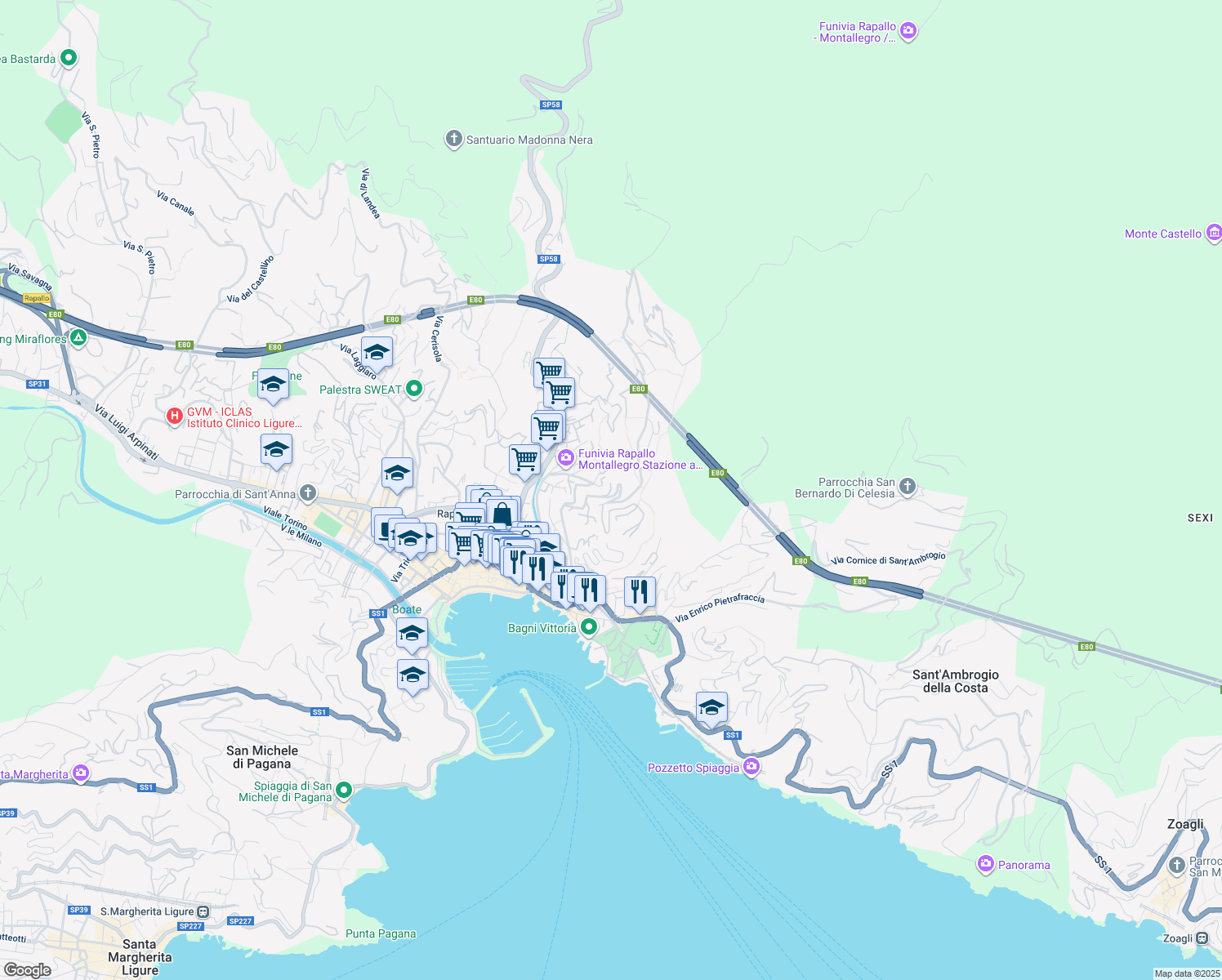 map of restaurants, bars, coffee shops, grocery stores, and more near 39 Via Don Giovanni Minzoni in Rapallo
