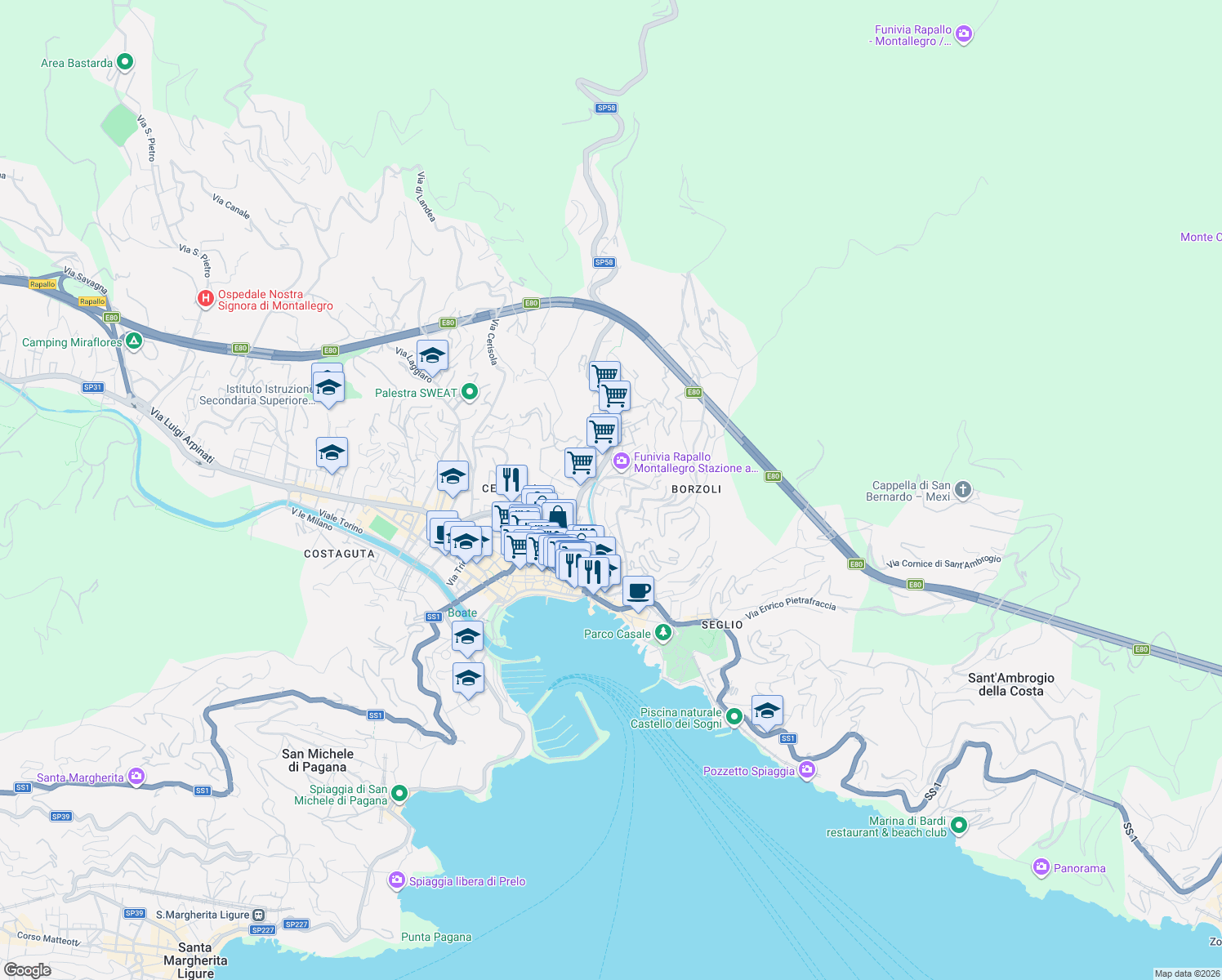 map of restaurants, bars, coffee shops, grocery stores, and more near 36 Via Paolo Tubino in Rapallo