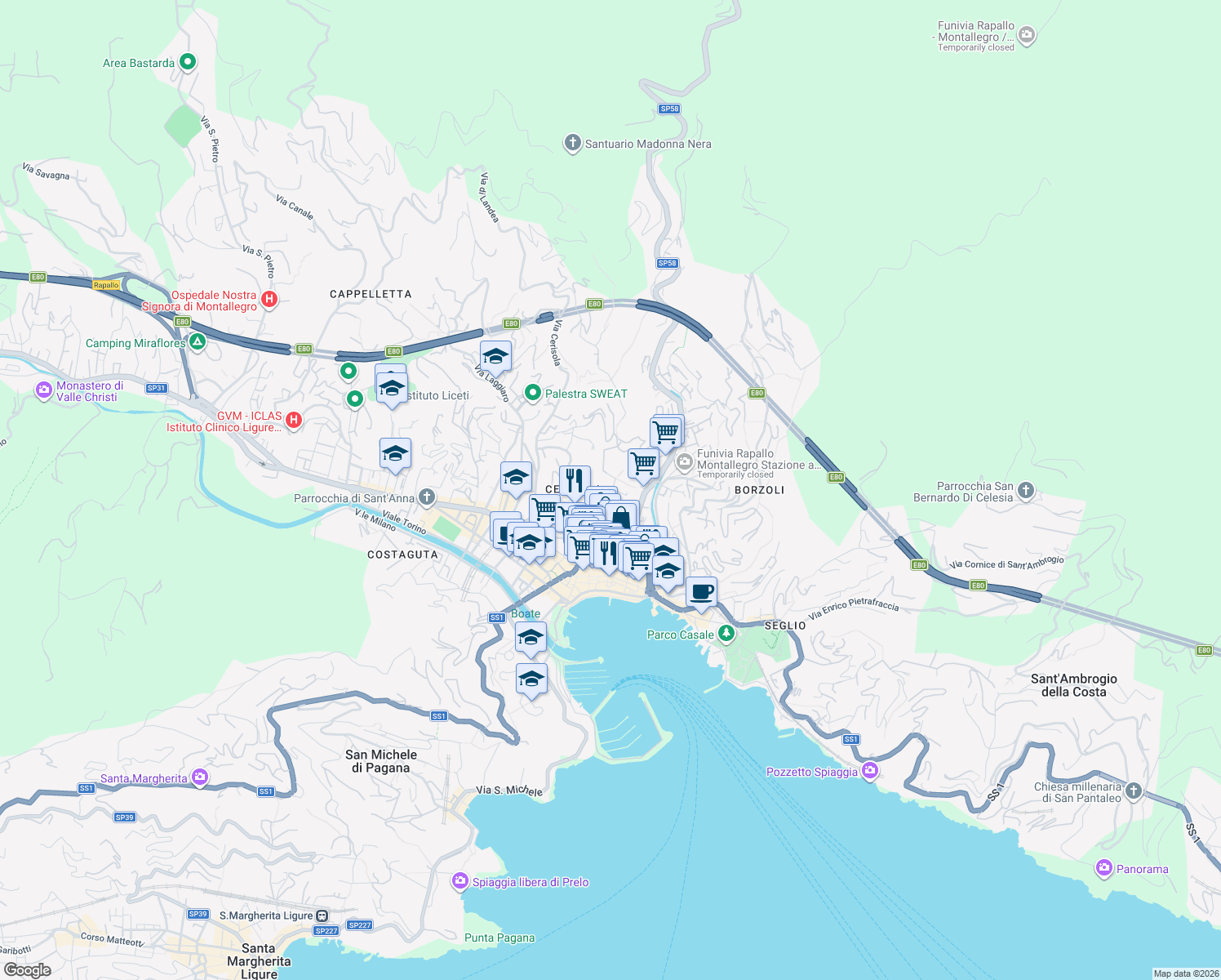 map of restaurants, bars, coffee shops, grocery stores, and more near 2B Via Sant'Antonio Gianelli in Rapallo
