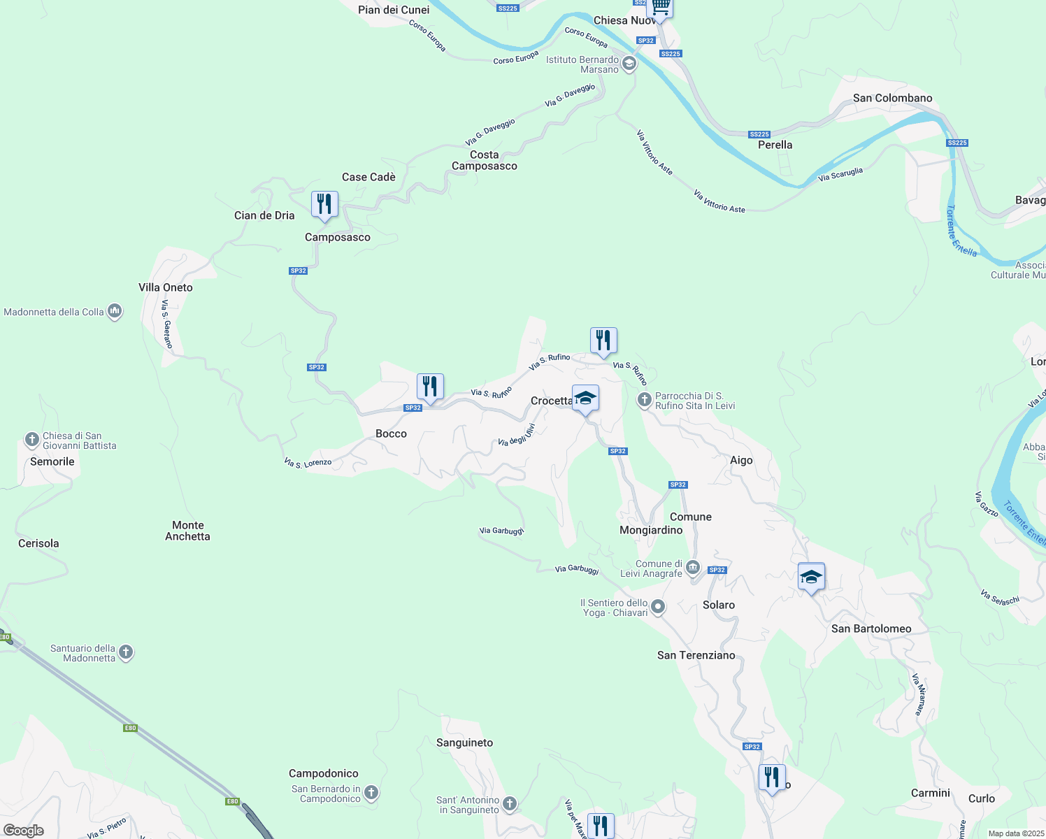 map of restaurants, bars, coffee shops, grocery stores, and more near Strada Provinciale 32 in Città Metropolitana di Genova