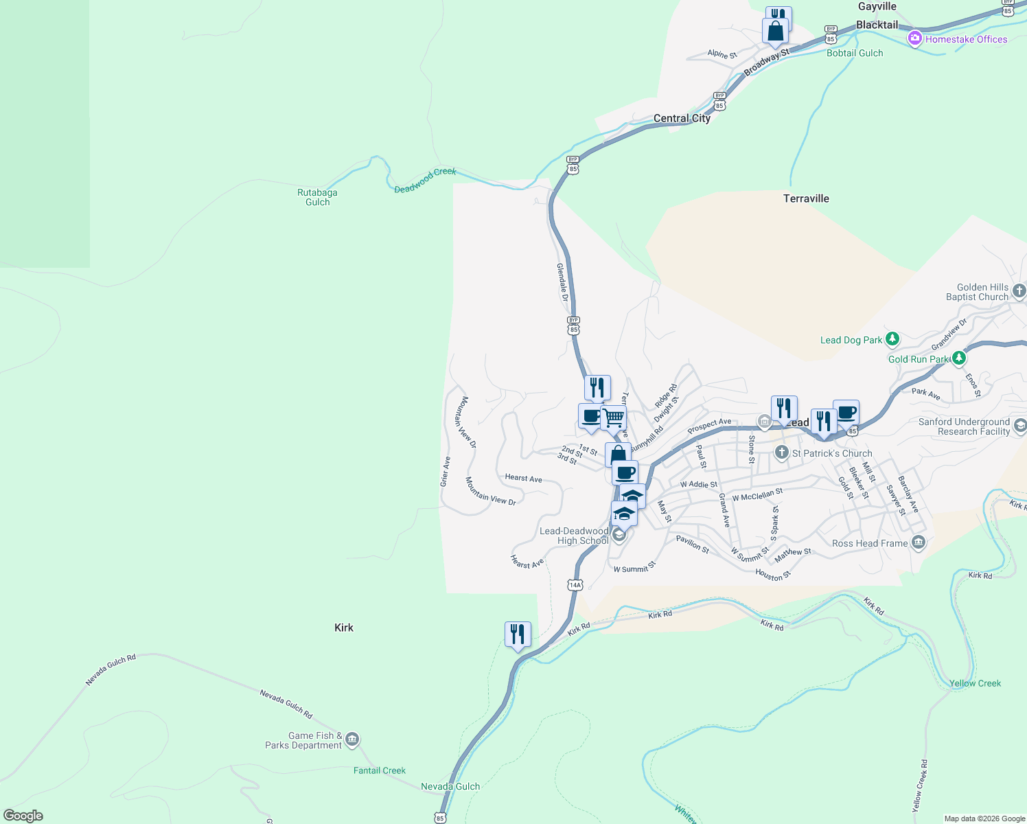 map of restaurants, bars, coffee shops, grocery stores, and more near 264 Mountain View Dr in Lead