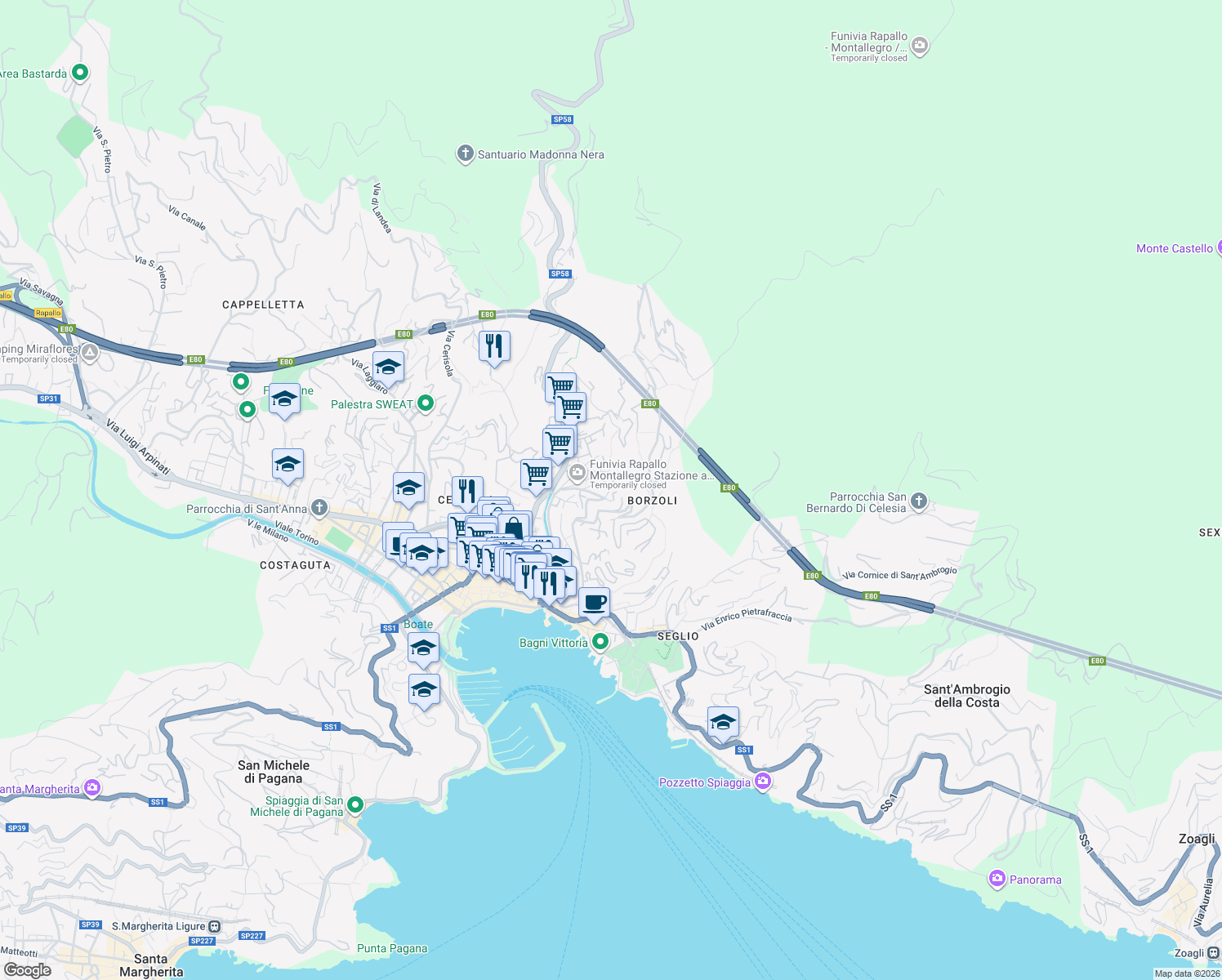 map of restaurants, bars, coffee shops, grocery stores, and more near 2 Via dei Gerani in Rapallo