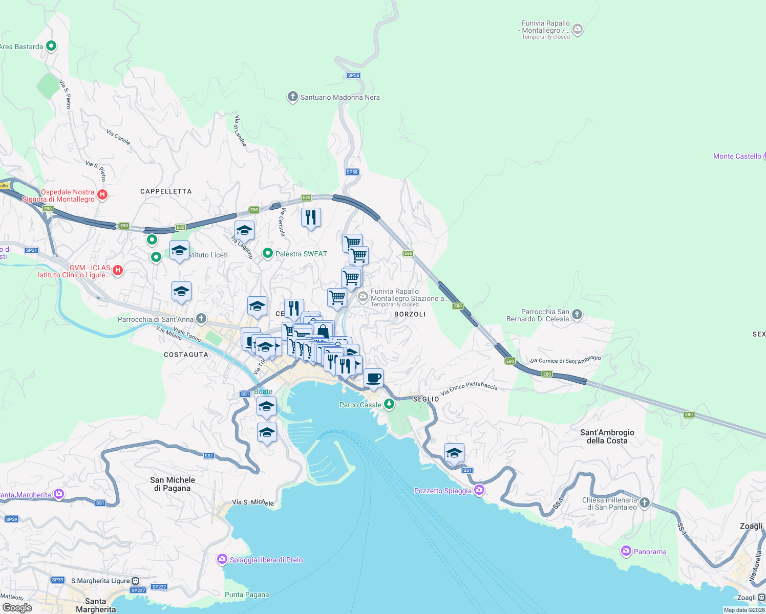 map of restaurants, bars, coffee shops, grocery stores, and more near 2 Via dei Gerani in Rapallo