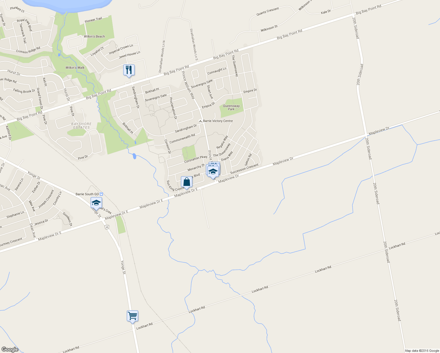 map of restaurants, bars, coffee shops, grocery stores, and more near 60 Succession Crescent in Barrie