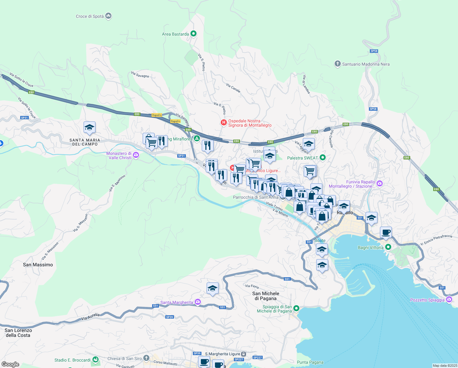 map of restaurants, bars, coffee shops, grocery stores, and more near 6 Via Luigi Arpinati in Rapallo