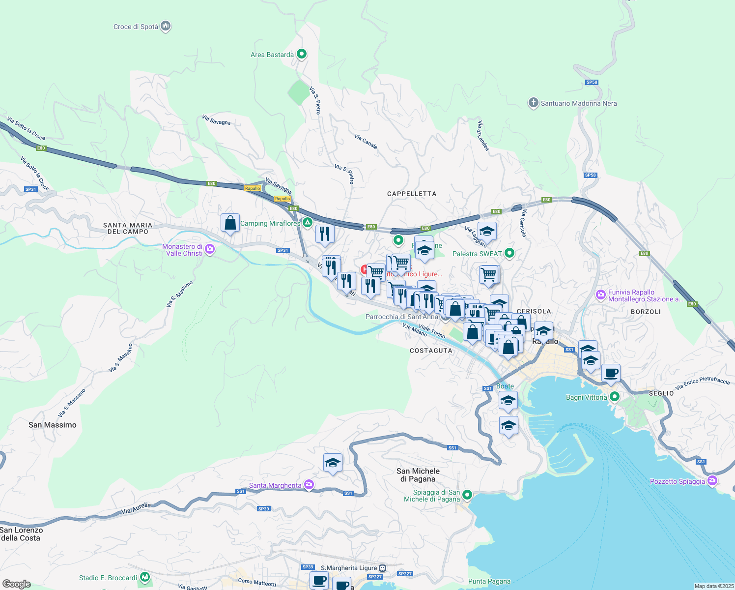map of restaurants, bars, coffee shops, grocery stores, and more near 3 Via Tito Speri in Rapallo