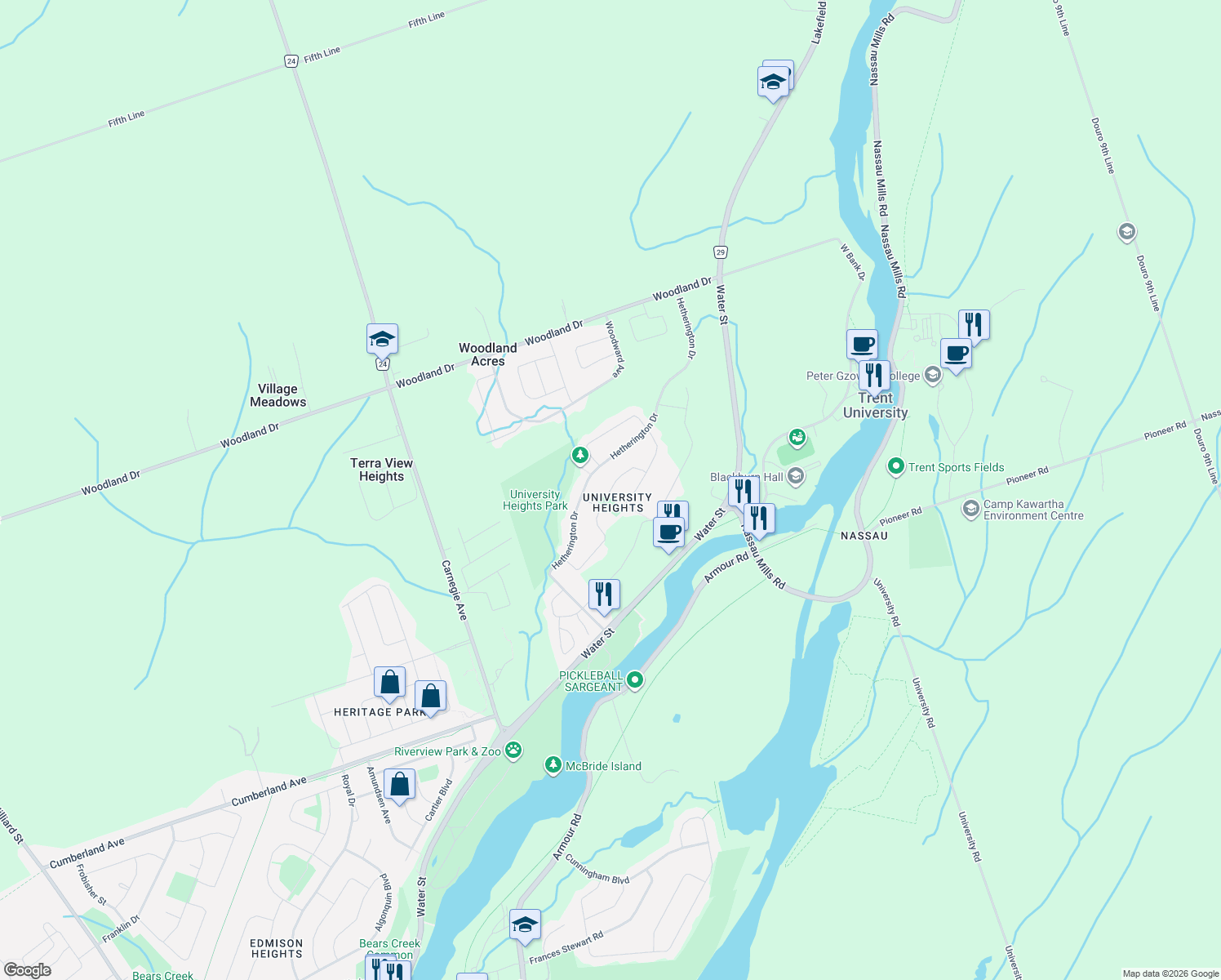 map of restaurants, bars, coffee shops, grocery stores, and more near 2225 Lorraine Dr in Peterborough