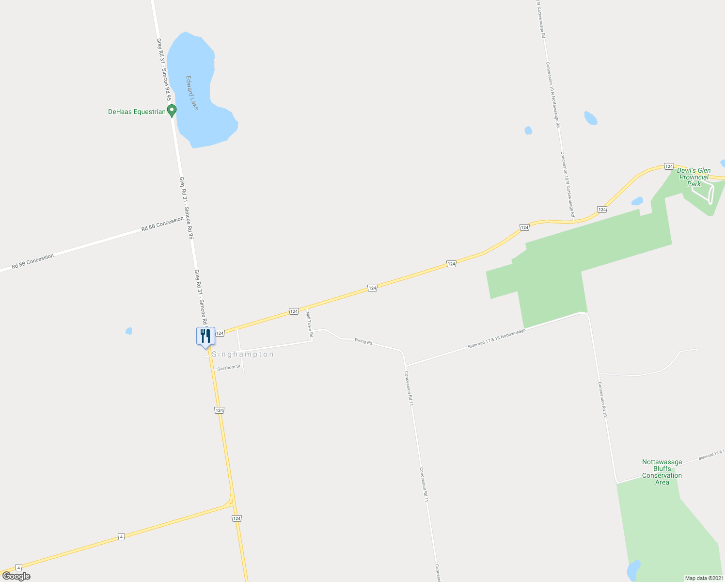 map of restaurants, bars, coffee shops, grocery stores, and more near 1046 Simcoe County Road 124 in Singhampton